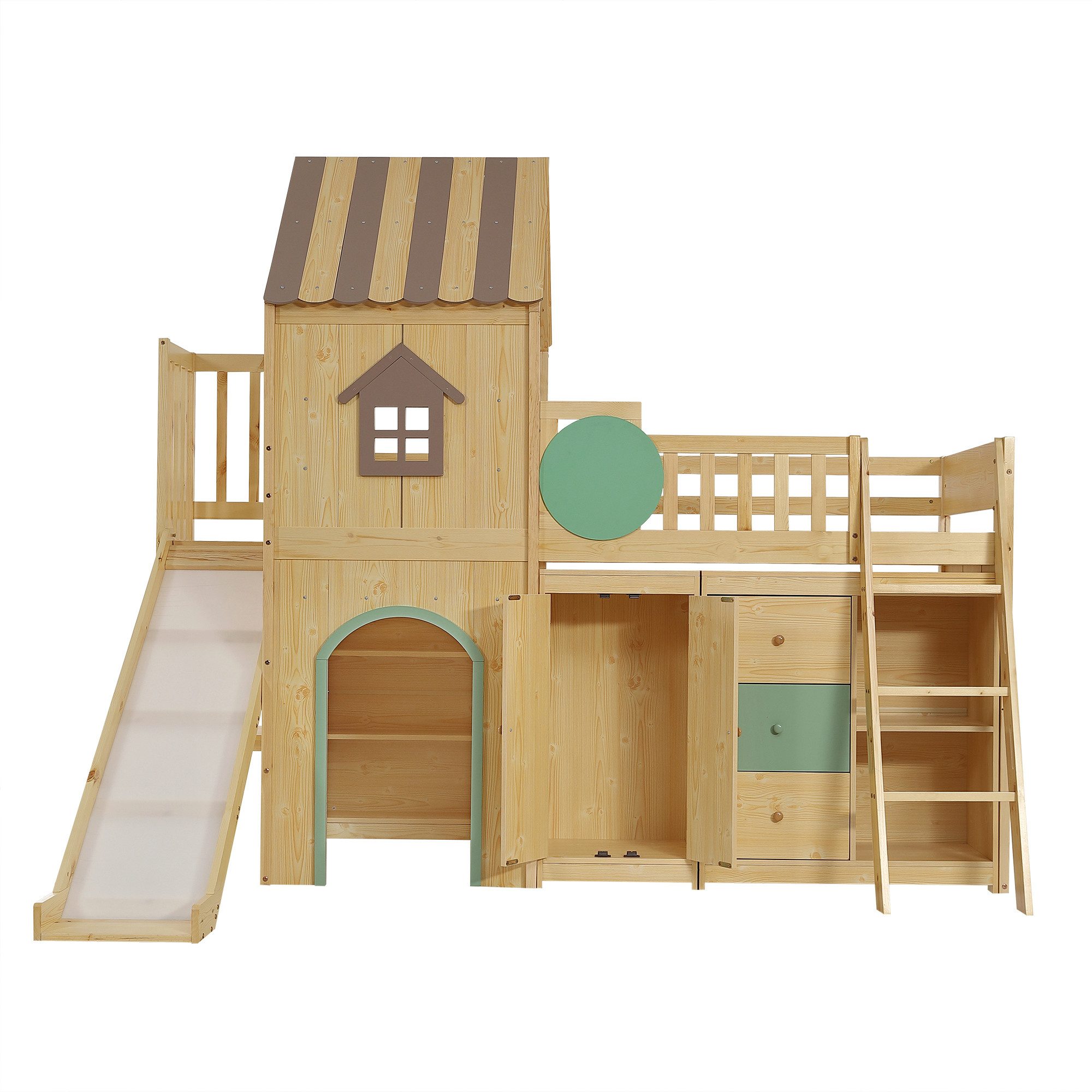 KLAM HOME Kinderbett Haus-Hochbett 90x200cm Natur-Grün mit Rutsche & Treppe (Kinder-Etagenbett aus Kiefer & MDF mit herausnehmbarem Stauraum), Spielbett mit Kleiderschrank und Schubladen für das Kinderzimmer