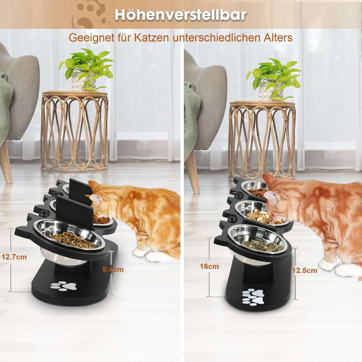 Refined Living Futternapf Katzennapf Erhöht Superdesign 15 Grad Neigung Hundenapf Erhöht, Napf-Set, Höhenverstellbarer Futternapf-Ständer 3 Edelstahlschalen