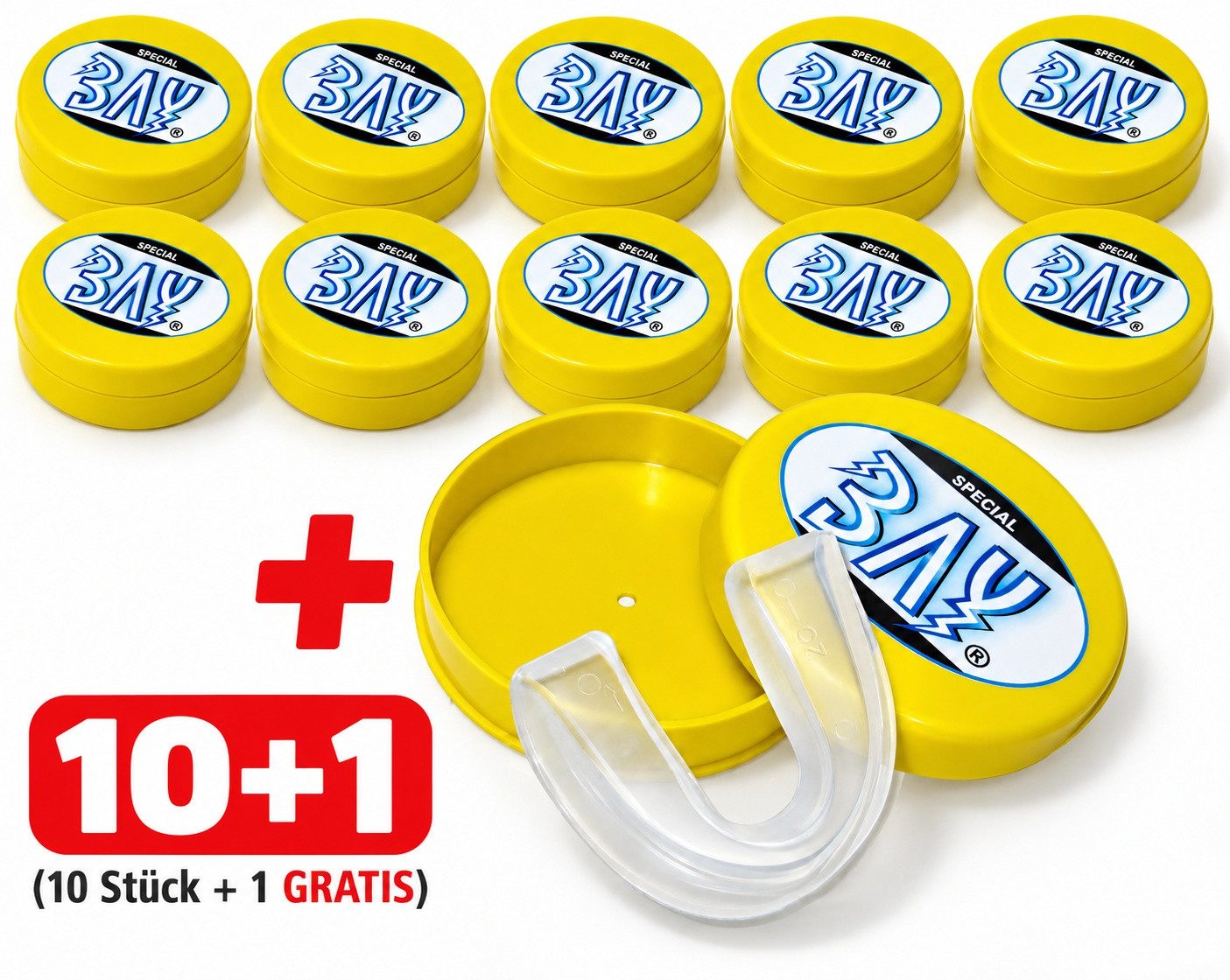 BAY-Sports Zahnschutz Set Angebot 10 Stück Zahnschutz Sport Mundschutz mit Dose Boxen (Zahnschutz mit Aufbewahrungsbox, individuelle Anpassung im Wasserbad), Yellowstyle Hygienebox Zahnschutz in transparent, 10 Stück