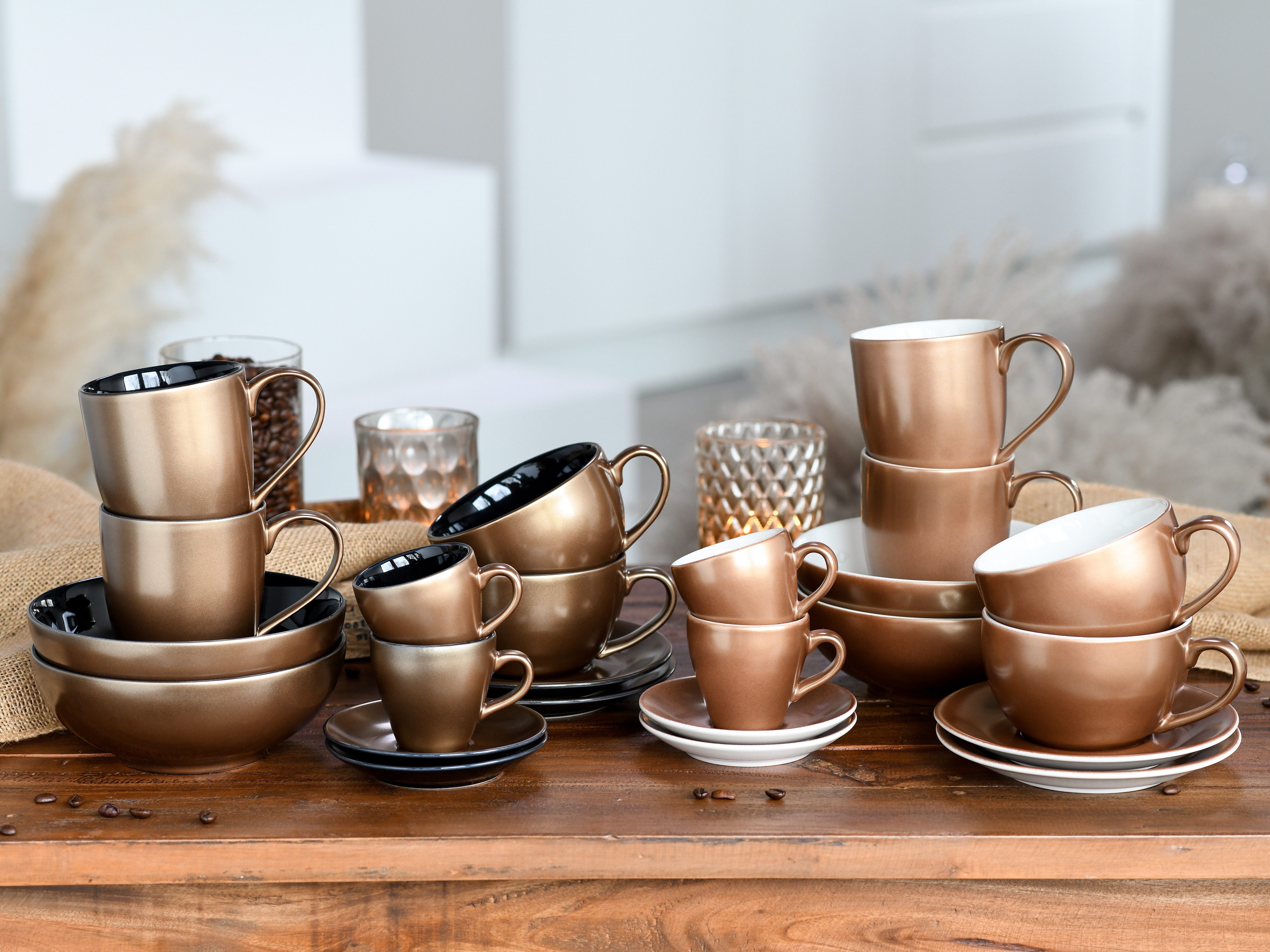 CreaTable Cappuccinotasse Golden Days Weiß, Cappuccinoset, 12-tlg., 12-tlg., Steinzeug, Goldfarbene Spezialglasur