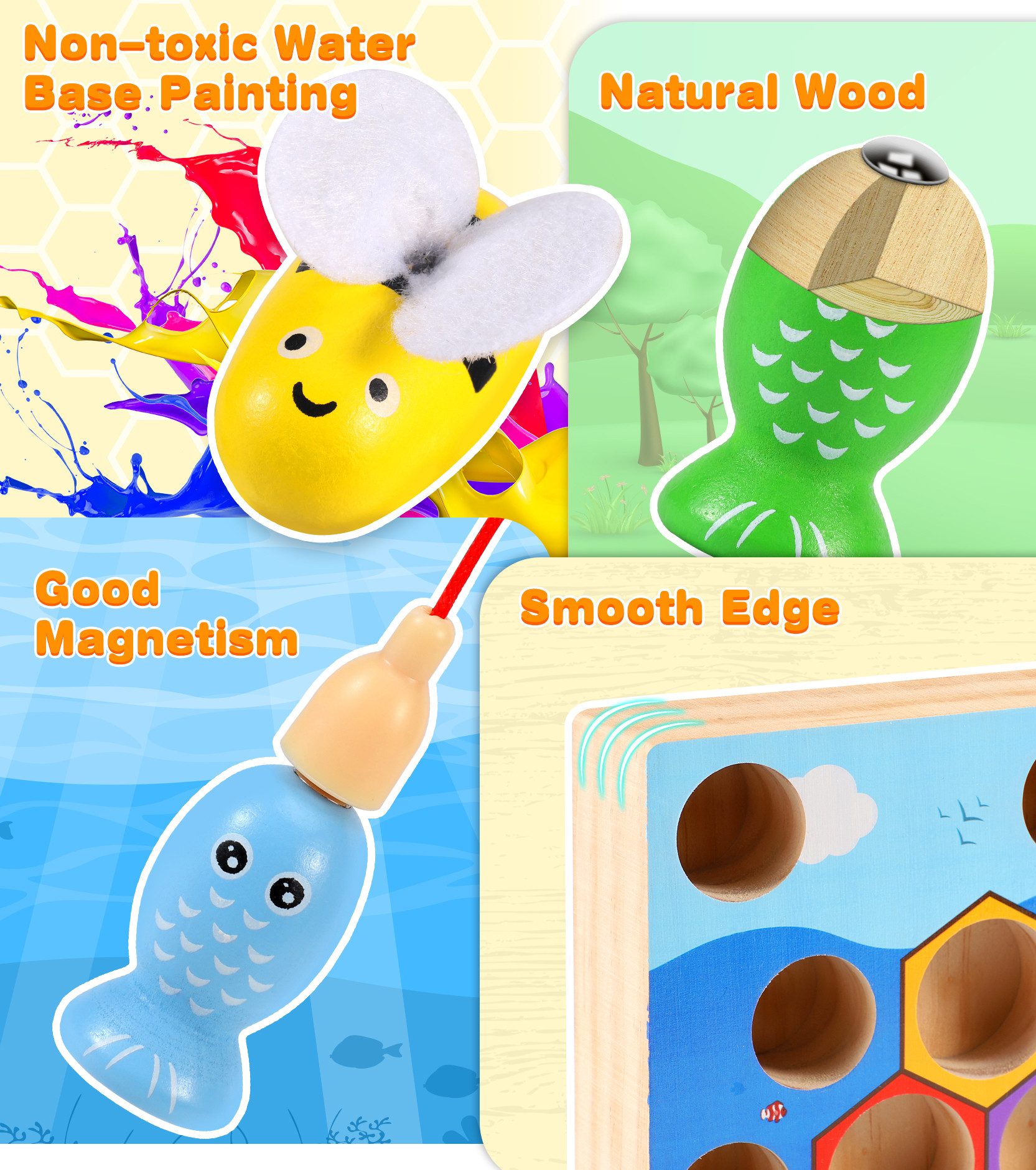 POPOLIC Lernspielzeug Magnetisches Angelspiel & Bienensortierspielzeug für Kleinkinder (1-St., Montessori-Holzspielzeug für 2-, 3- und 4-Jährige), pädagogisches – Bild 2 von 5