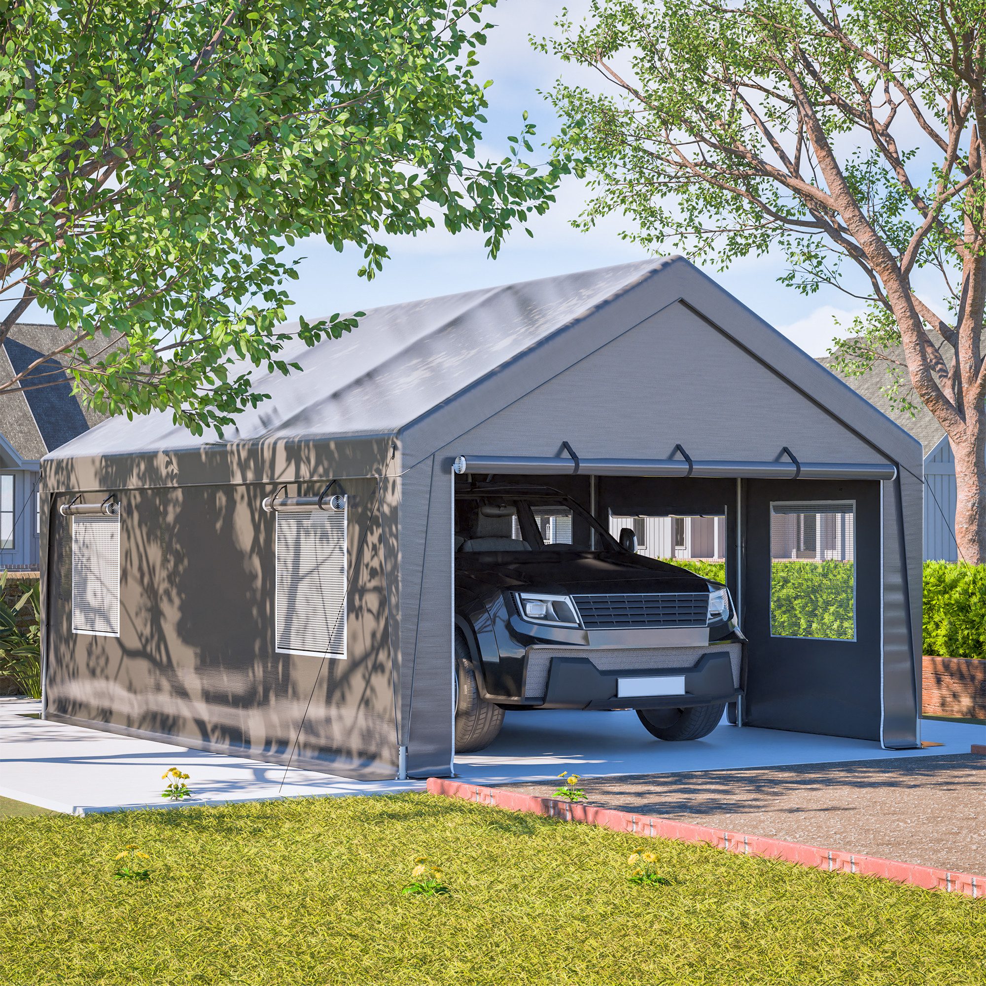 CHICFURN Einzelcarport Carport Garage Zelt mit Roll-Up-Fenster und Schutzabdeckung, BxT: 396x611 cm, 300 cm Einfahrtshöhe, (Packung, 1 St), 4 x 6 m, Grau, mit abnehmbaren Seitenwänden und Dach