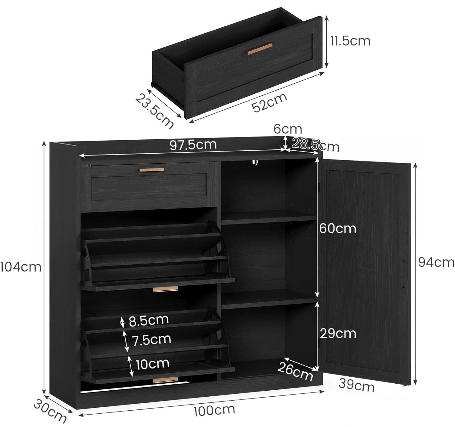MSMASK Schuhschrank mit 2 Klappen, Schuhkipper Schmal, Schuhschrank mit 1 Schublade (1-St) Schrank, Trennwand Verstellbar, 30 x 100 x 104 cm
