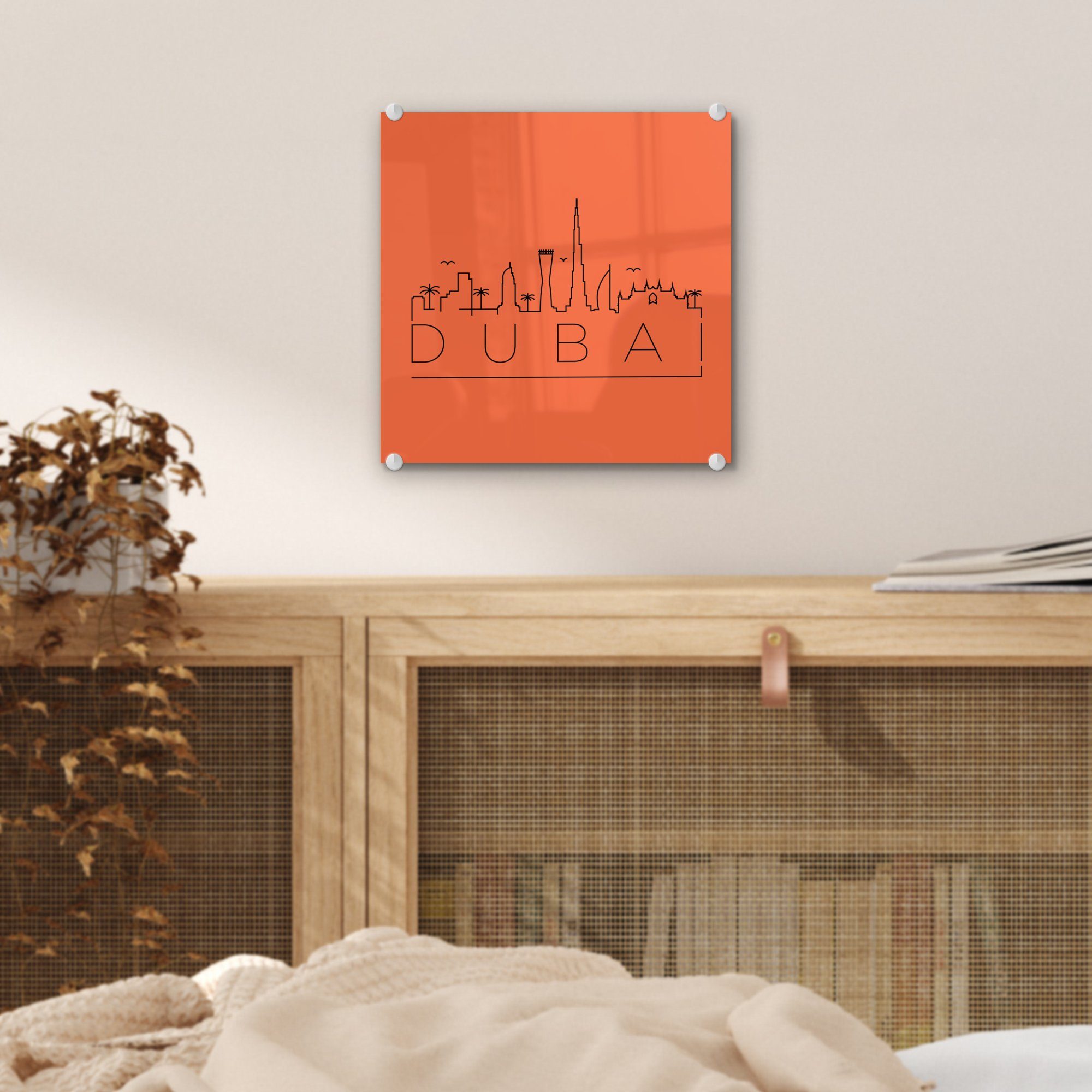 Wandbild Wanddekoration Acrylglasbild MuchoWow Glas "Dubai" Glas - auf - Skyline (1 schwarz St), - Bilder auf Foto orange, auf Glasbilder