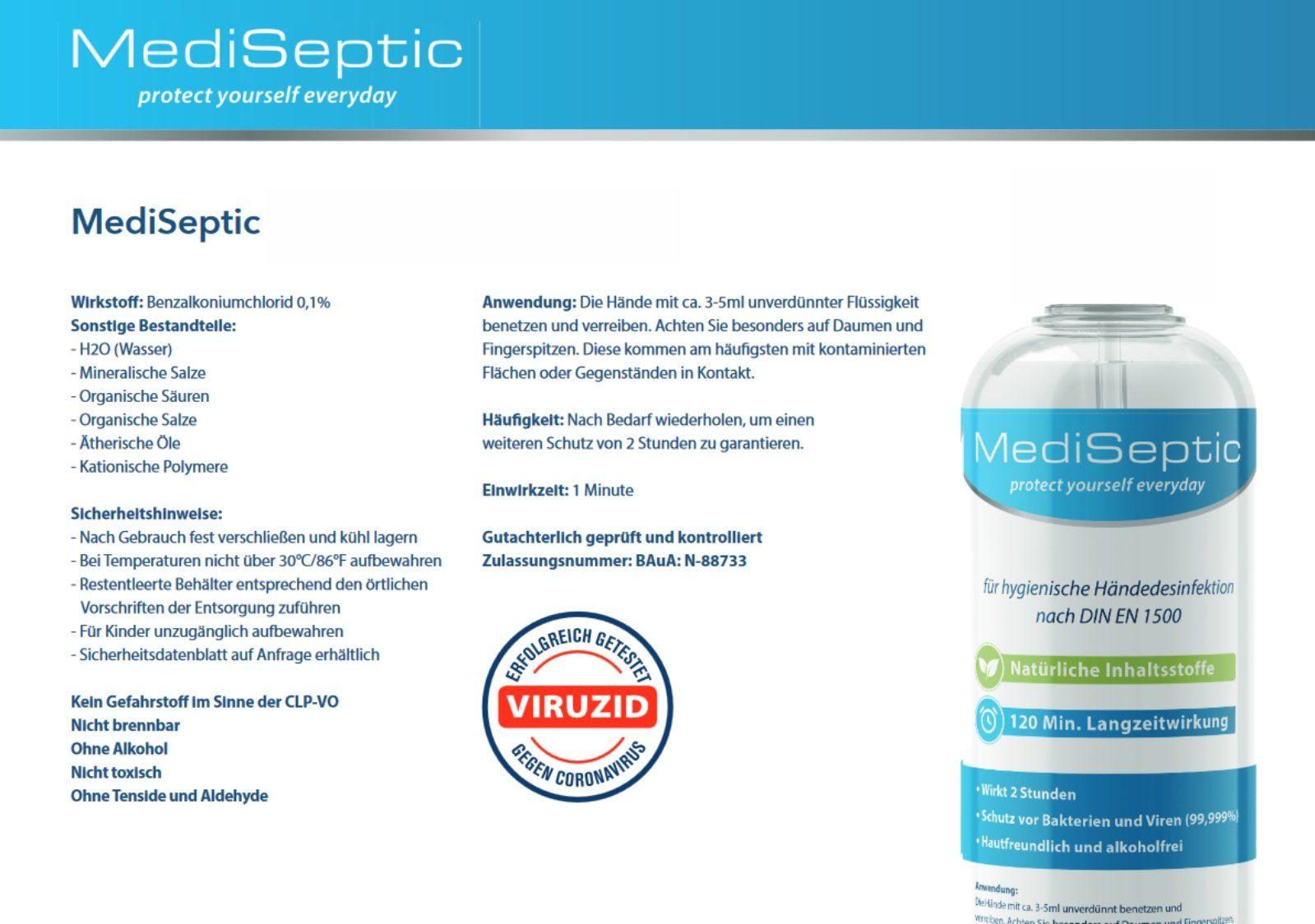 MediSeptic 500 Antiinfektionsmittel Hand zusätzlich Schutz, Anti-Infektion Desinfektion Hände Desinfektion 99,9% 2 ml MediSeptic h zur Hautcreme
