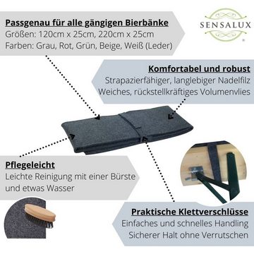 Sensalux Bankauflage Rückenlehnen-Polster für Bierzeltgarnitur, (120cm x 15cm, 1er Pack, 1 St., Grau - Grau (Filz), Schnelles einfaches Anbringen, Flexibel einsetzbar, Klettverschluss