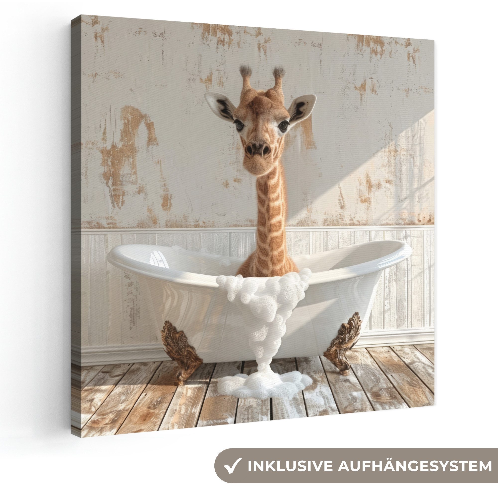 OneMillionCanvasses® Leinwandbild Giraffe - Badewanne - Vintage - Tier, Fotodruck (1 St), Wandbild, Deko Schlafzimmer Wohnzimmer Flur 20x20 cm
