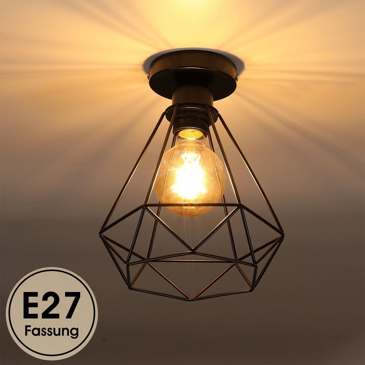 LETGOSPT Deckenleuchte LED Deckenlampe Diamant-Form Metall Retro Leuchte E27 1 Stück mit Glühbirne