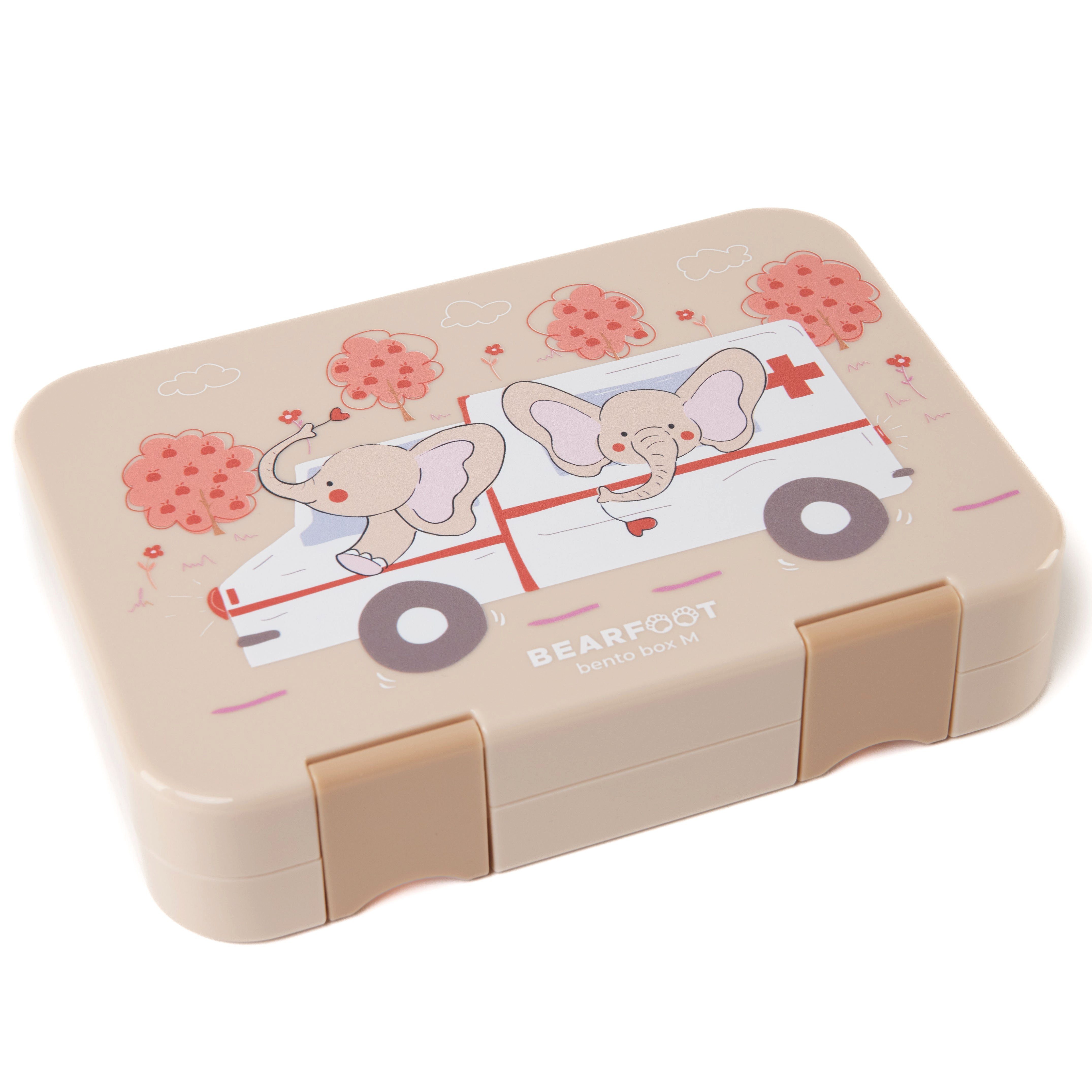 BEARFOOT Lunchbox Brotdose Kinder mit Fächern, Lunchbox, Bento box - Elefanten, handgezeichnete Designs, modular Ambulanzelefanten-braun