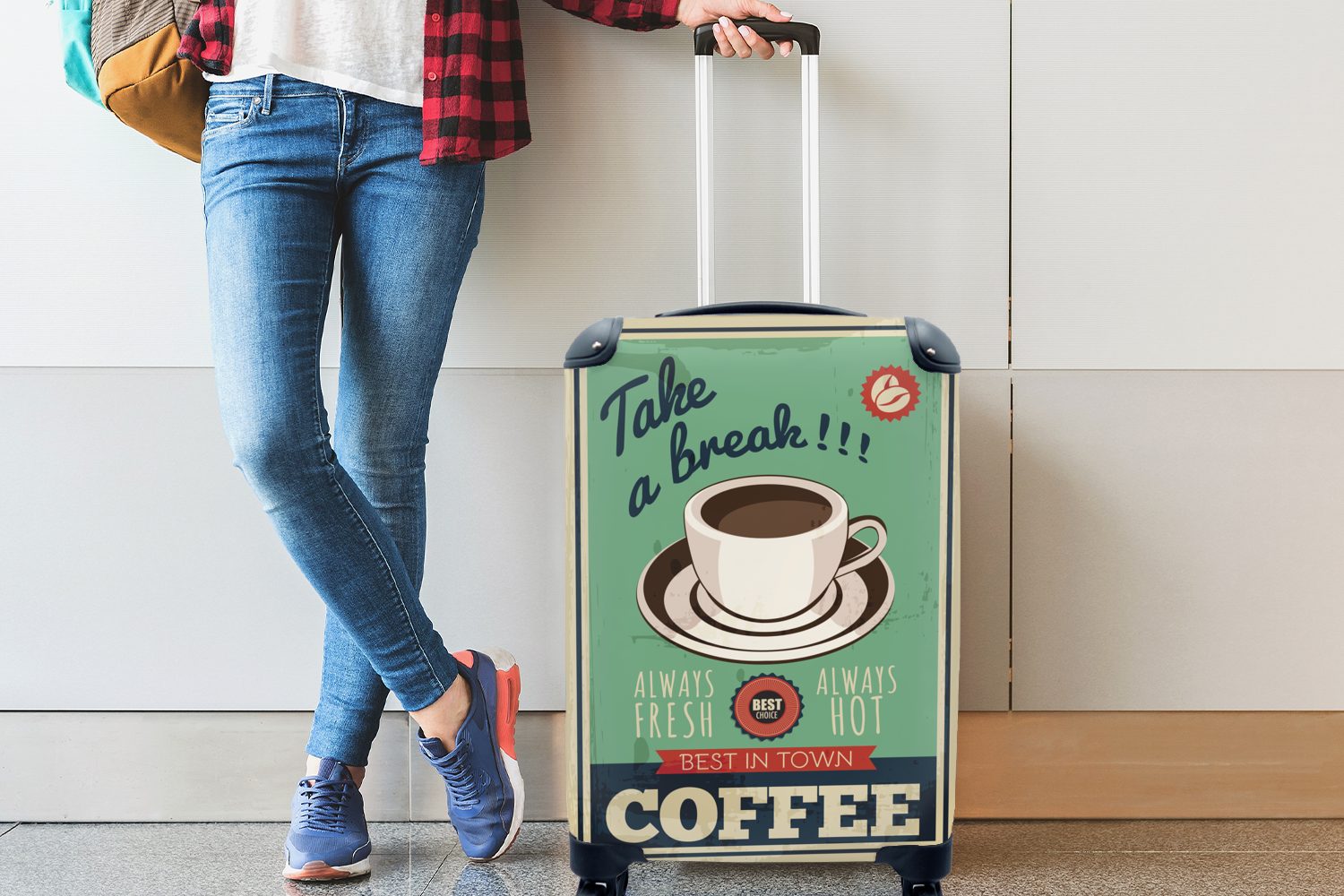 Handgepäckkoffer MuchoWow Reisekoffer Reisetasche Trolley, Kaffee - Jahrgang Rollen, mit Zitat, 4 Ferien, Handgepäck für rollen, -