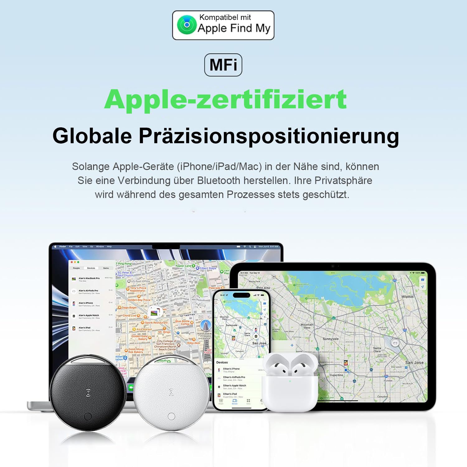 poweradd pro Air Tag 4er-Pack Bluetooth Tracker – Kompatibel mit Apple „Find My“ Bluetooth-Tracker (IP68, wechselbare Batterie, Tracker für Geldbörse, Koffer & Katze)