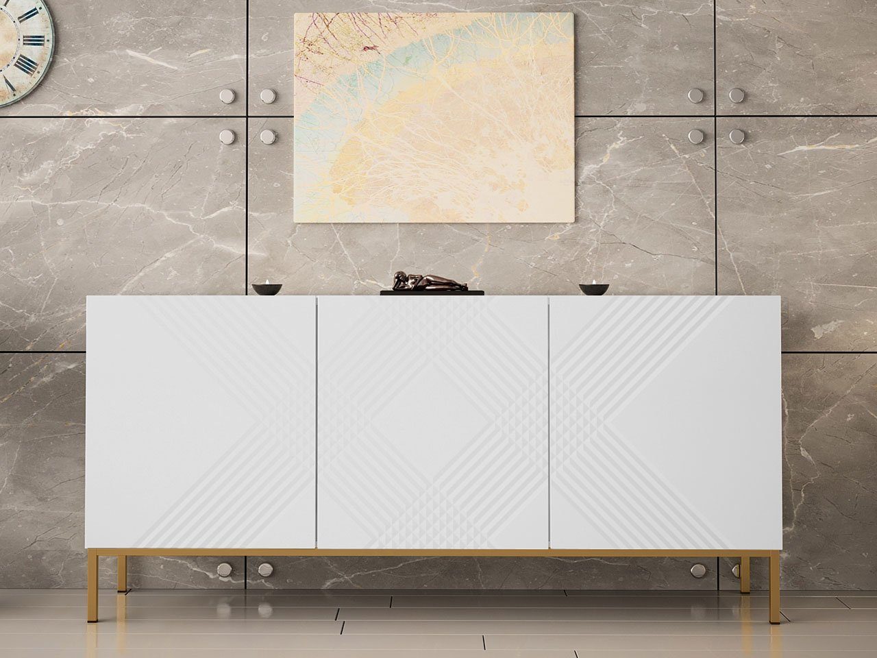 Mirjan24 Kommode 'Serkuzo 3D 160' Mit 3 Türen – Griffloses Push-to-Open System, Soft-Close & Blauer LED-Beleuchtung, Sideboard In Schwarz/Hochglanz