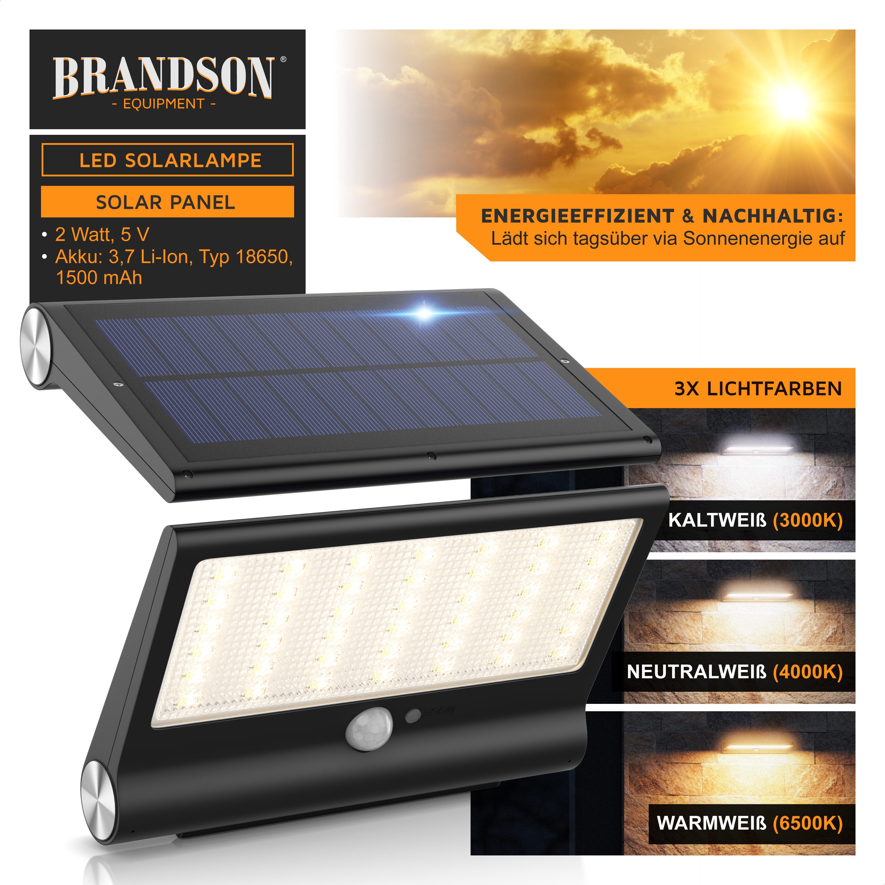 Brandson LED Solarleuchte Solar Sicherheits-/Außenlampe, 84 SMD LEDs, PIR-Sensor, 3 CCT, IP54, Ein-/Ausschalter; Nachtlichtfunktion; mehrere Helligkeitsstufen, LED fest integriert, Extra-Warmweiß, Neutralweiß, Kaltweiß, 1500 mAh Akku, Solarpanel, 280 Lumen, wetterfest, für Außenmontage