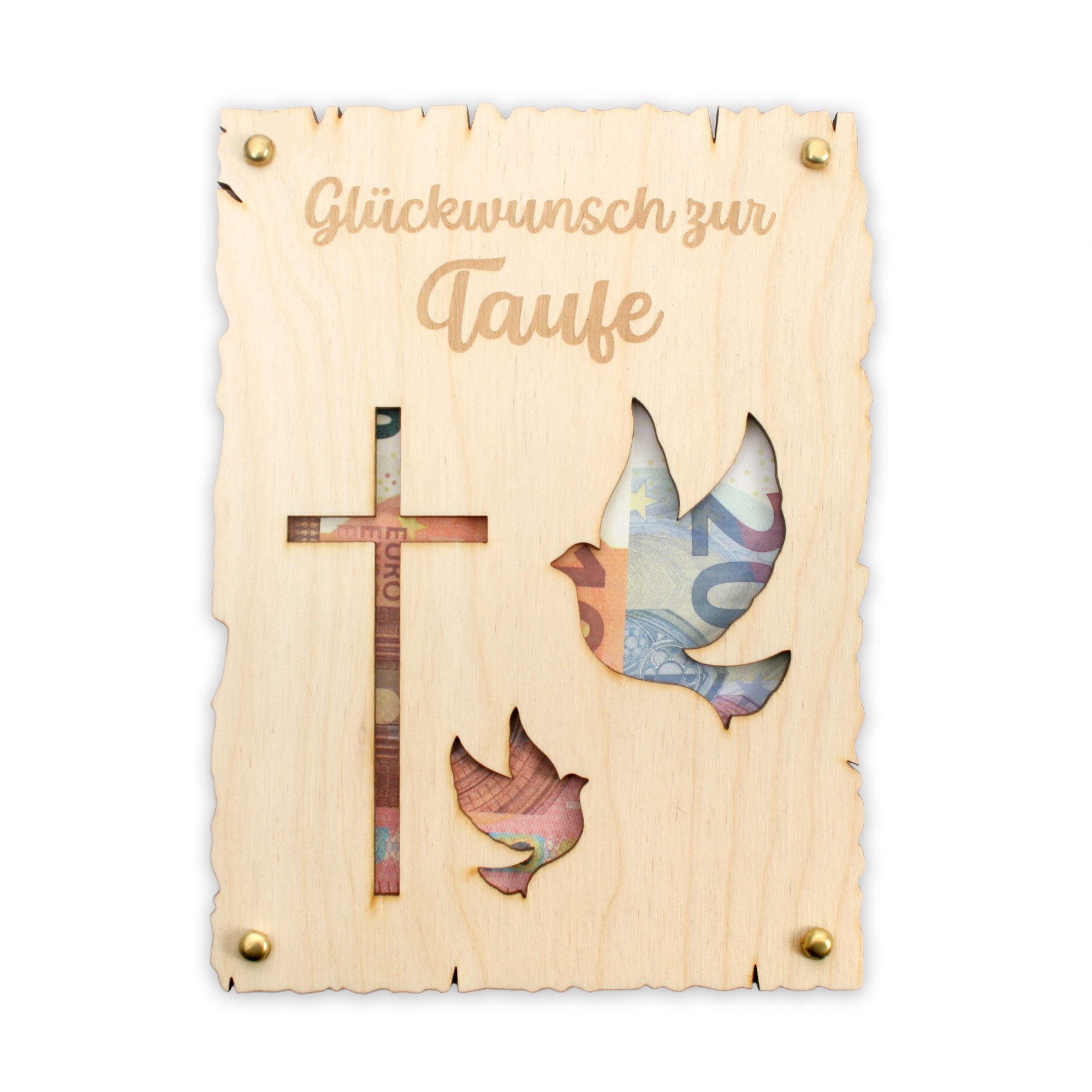 Kreative Feder Glückwunschkarte „Glückwunsch zur Taufe“ - Glückwunsch-Karte aus Holz, Geschenk-Karte für Geldgeschenke; Размер ca.: 14,6 x 19,7cm