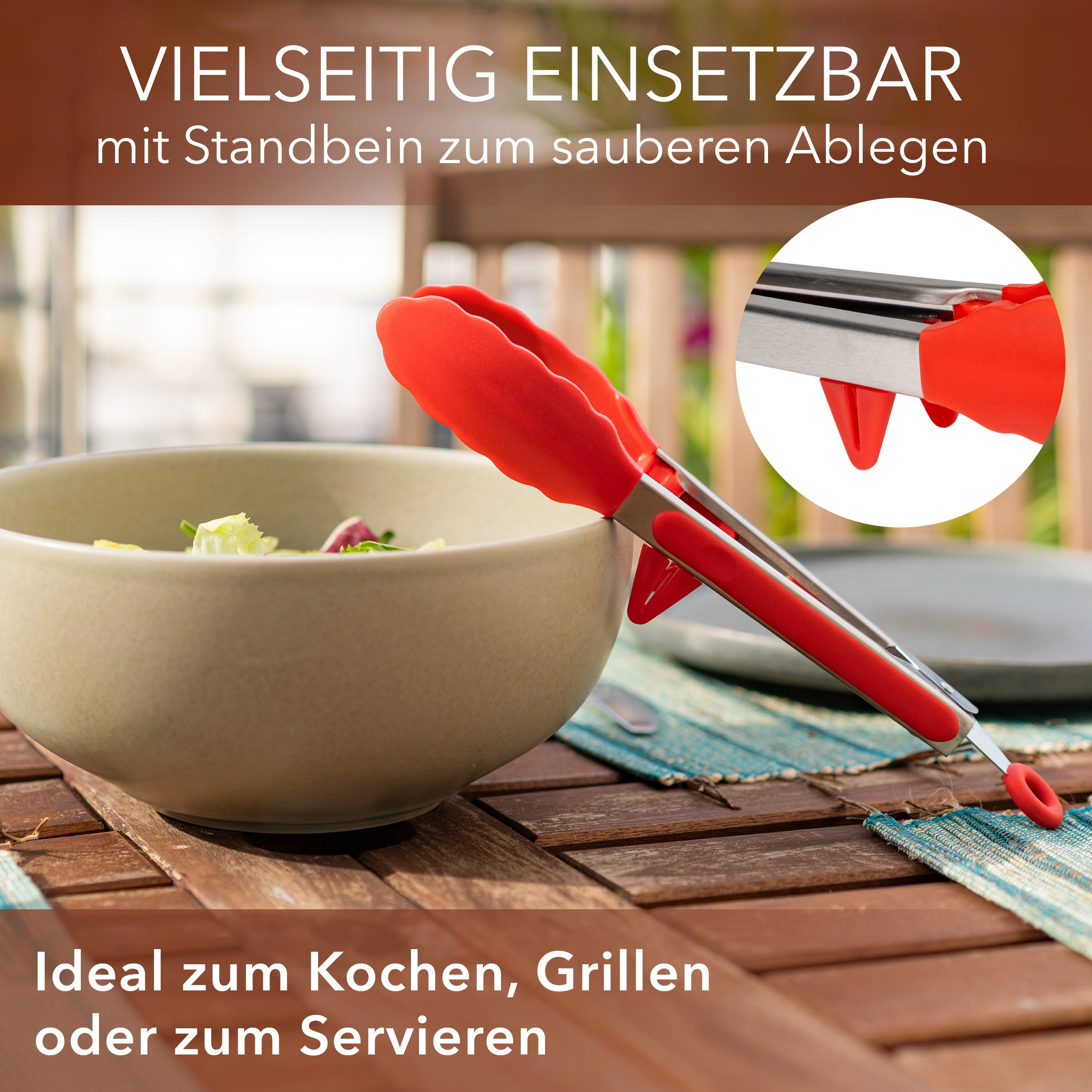 AVANA Kochzange Edelstahl Küchenzange Silikon Grillzange Zange Kochen Mehrzweckzange, mit integriertem Standfuß, 2er Set – Bild 5 von 5