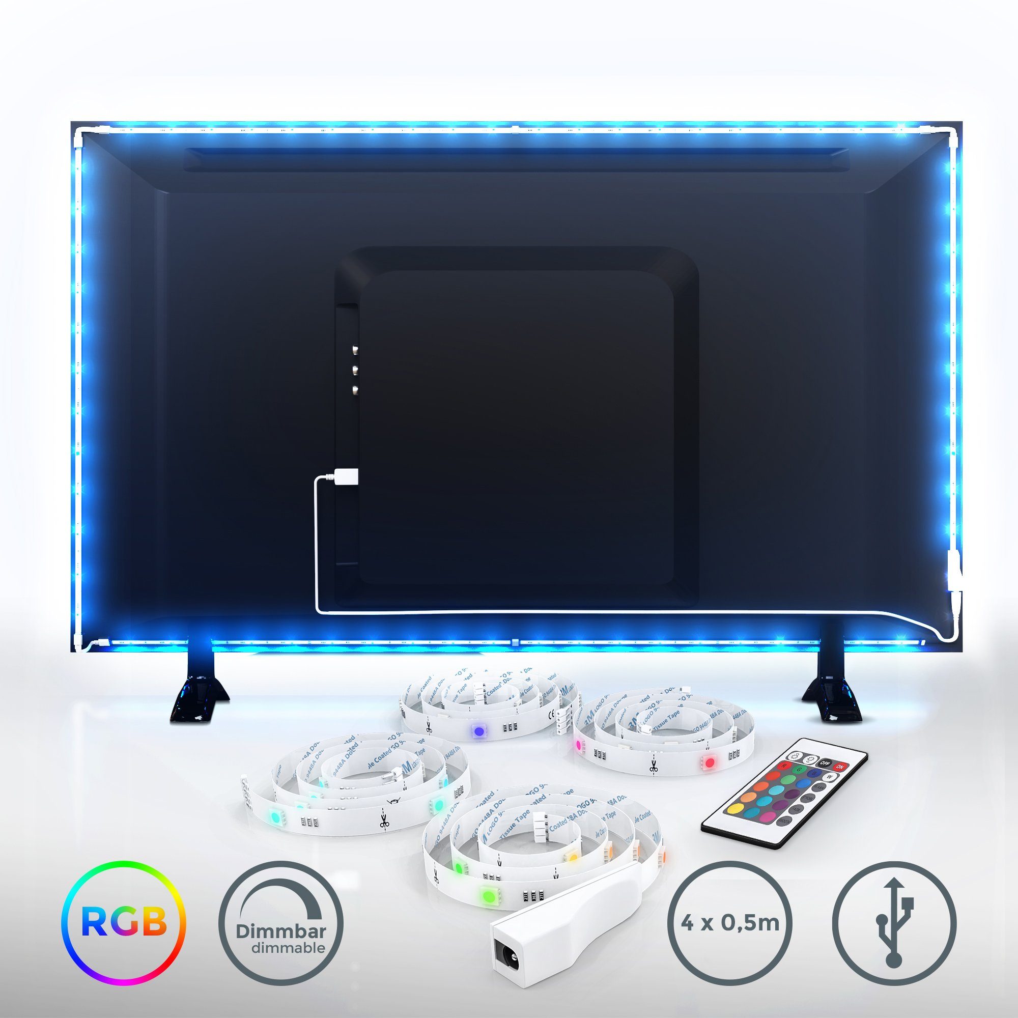 B.K.Licht LED-Streifen, LED TV selbstklebend Backlight 2m USB RGB Hintergrundbeleuchtung
