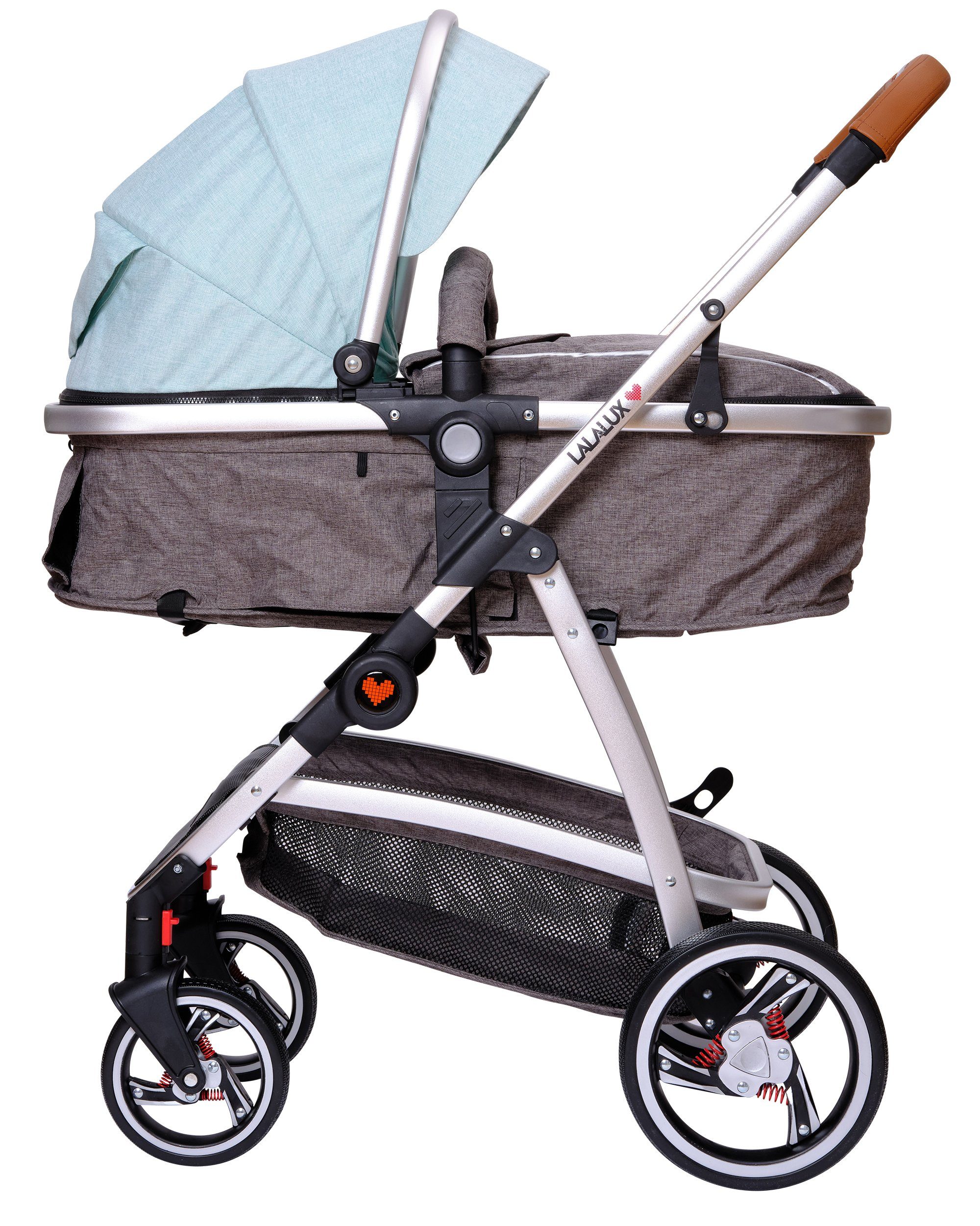 Lalalux Kombi-Kinderwagen Kinderwagen Babyboomer, 3 in 1 Kombi-Kinderwagen, aus wetterfestem und atmungsaktivem Material Dunkelgrau/Mint