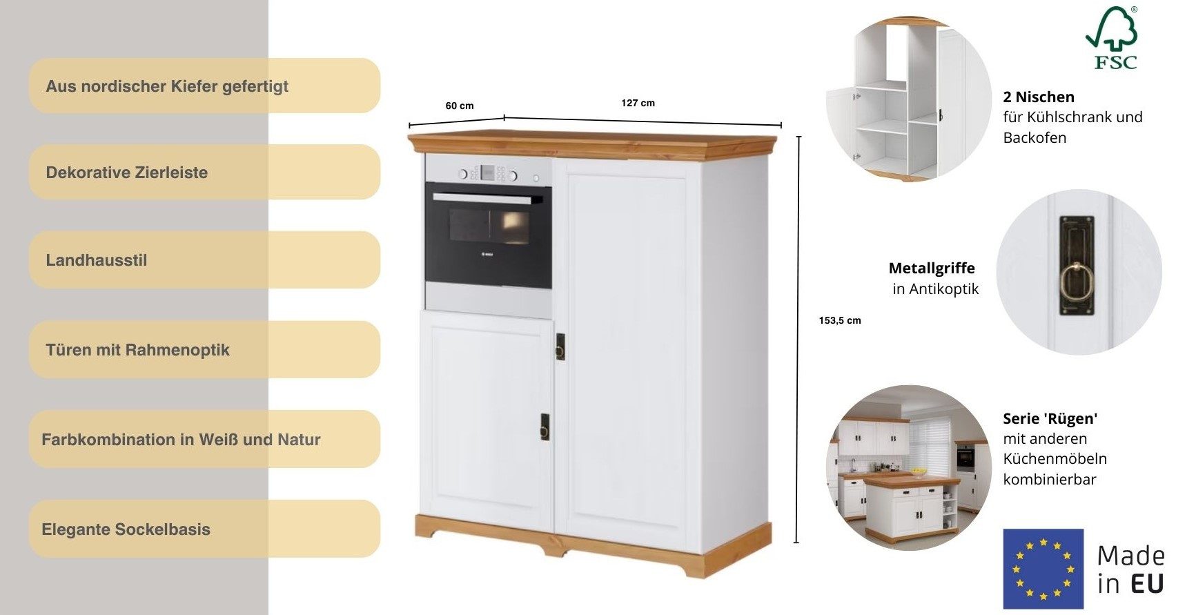 OTTO home Backofen/Kühlumbauschrank Rügen Breite 127 cm, Kiefer massiv, Nische für Kühlschrank