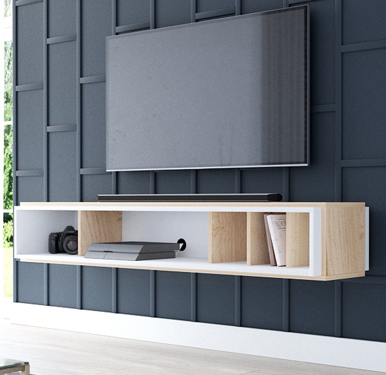 GuenstigEinrichten Lowboard Amari (TV Board weiß und Eiche, hängend, 153 cm), 2-farbig, 5 Fächer