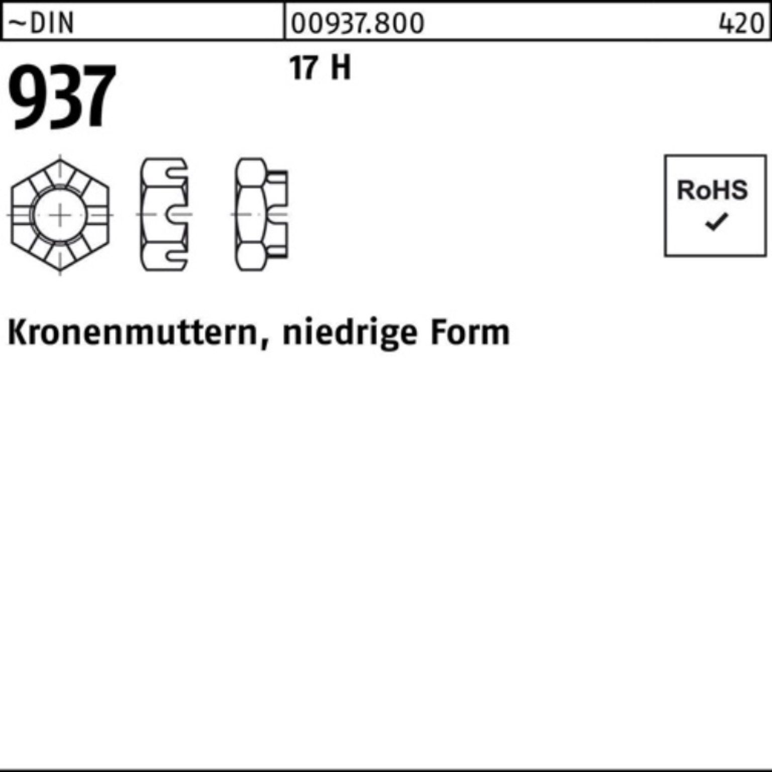 Reyher 100er 17 ~DIN H Stück 100 Pack DIN Kronenmutter niedrige Kronenmutter FormM10 937