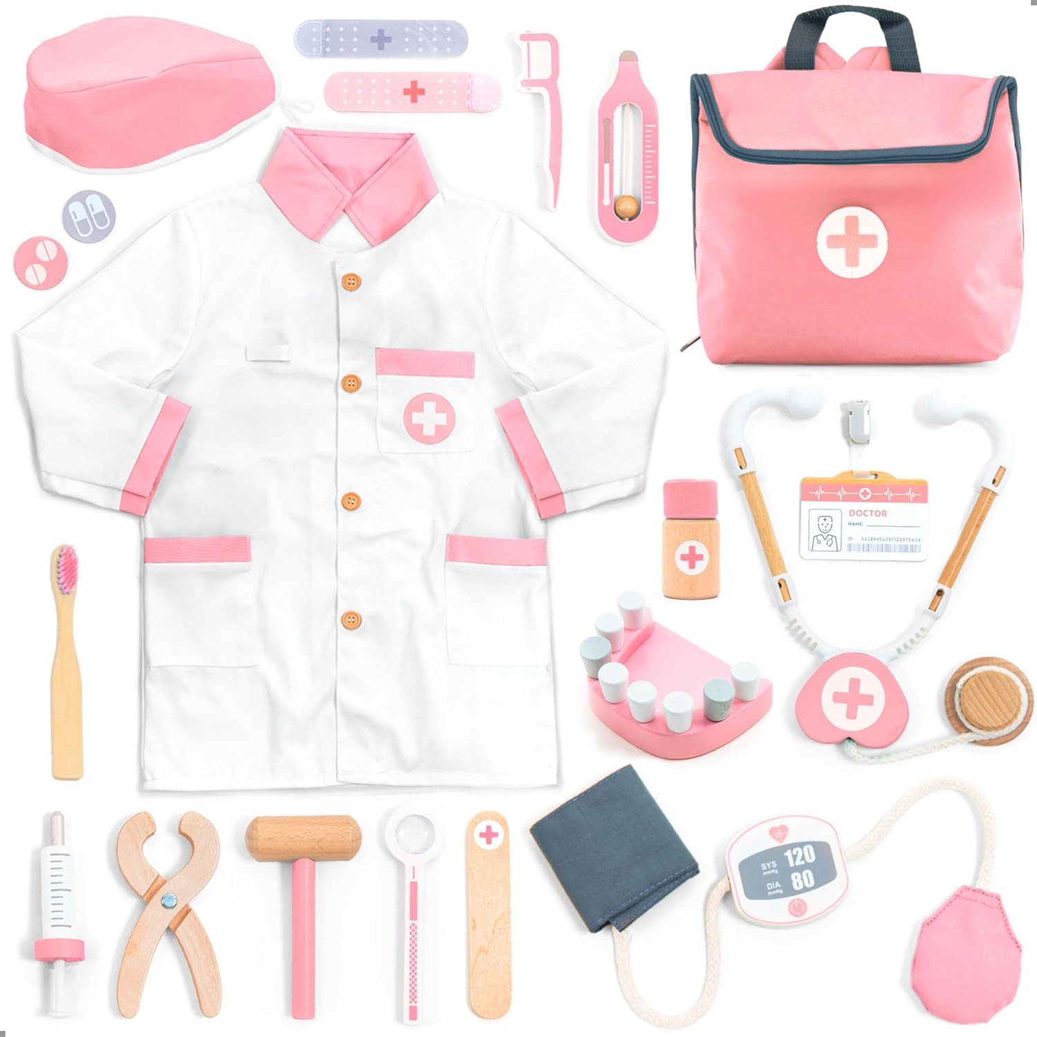 Esun Spielzeug-Arztkoffer Holz Arztkoffer Kinder Spielset Doktorkoffer Spielzeug 18 St., (SET, 20-tlg., Komplettset), Geschenk für Mädchen Jungen ab 3 4 5 6 7 8 Jahre