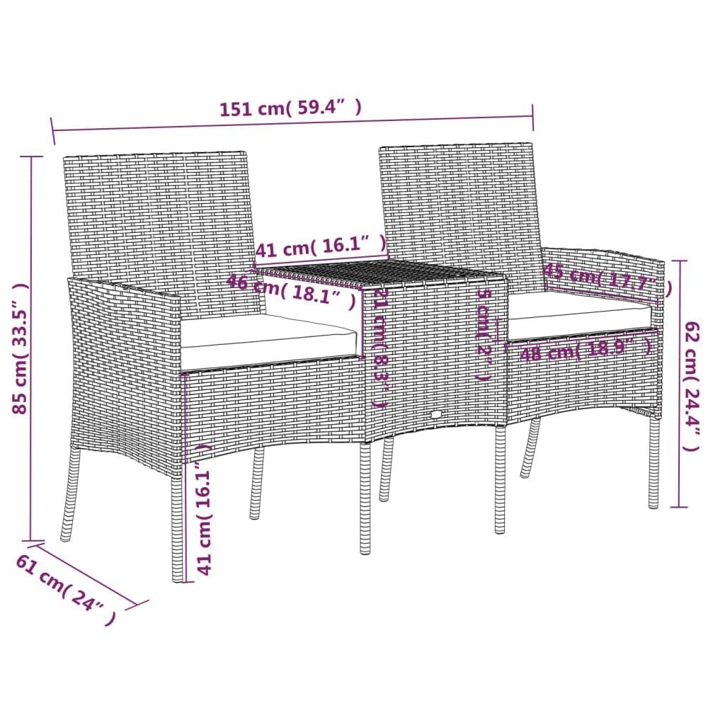 möbelando Gartenstuhl 3010981 (LxBxH: 61x151x85 Rattan Kaffeetisch Sitzauflagen in grau mit cm), aus und