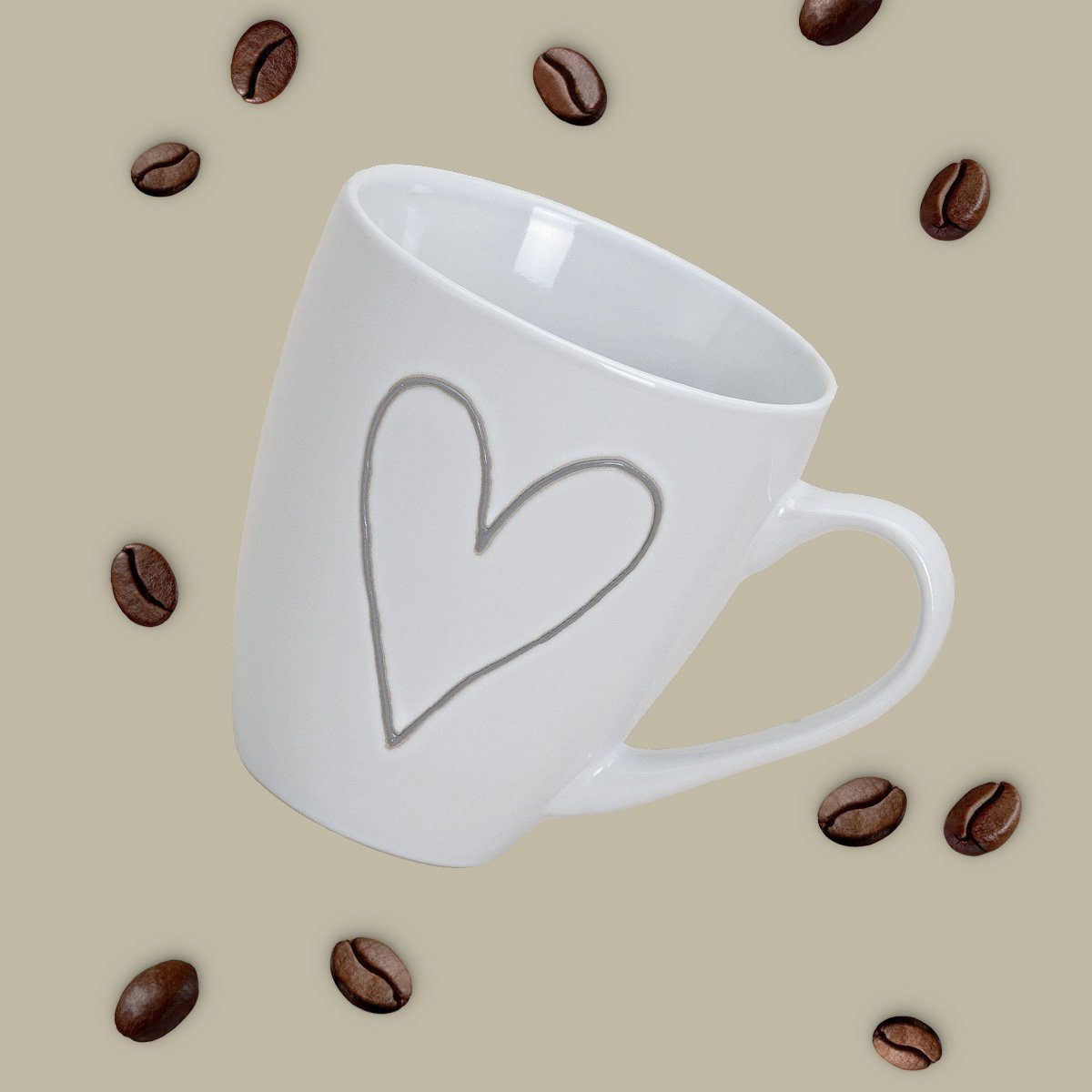 matches21 HOME & HOBBY Tasse Grosse Kaffeetassen Landhaus-Stil Herzen Kaffeebecher, 3-tlg., Keramik, Tee Kaffee-Becher, Vintage, weiss grau beige, 400 ml