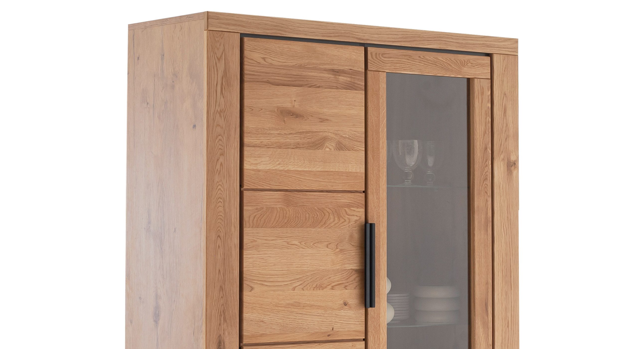 Massivart® Vitrine GRENO Vitrinenschrank mit Glastür / Massivholz Wildeiche geölt 3 Türen / 2 Glas- und 4 Einlegeböden / Metallgriffe