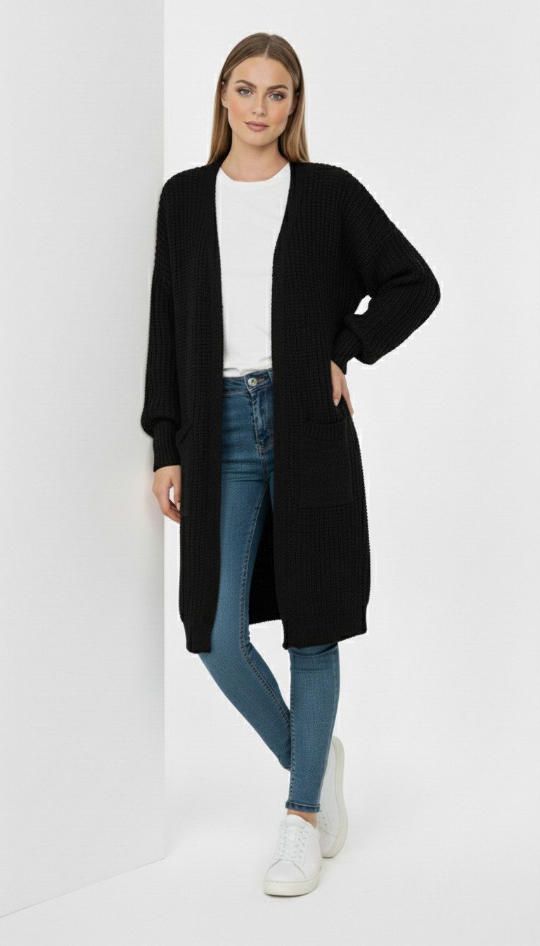 Kendindza Collection Cardigan Cardigan Damen Knielang Oversize Strickjacke Damen Lang Weich Grobstrick Longstrickjacke Made In Italy - One Size 34-44