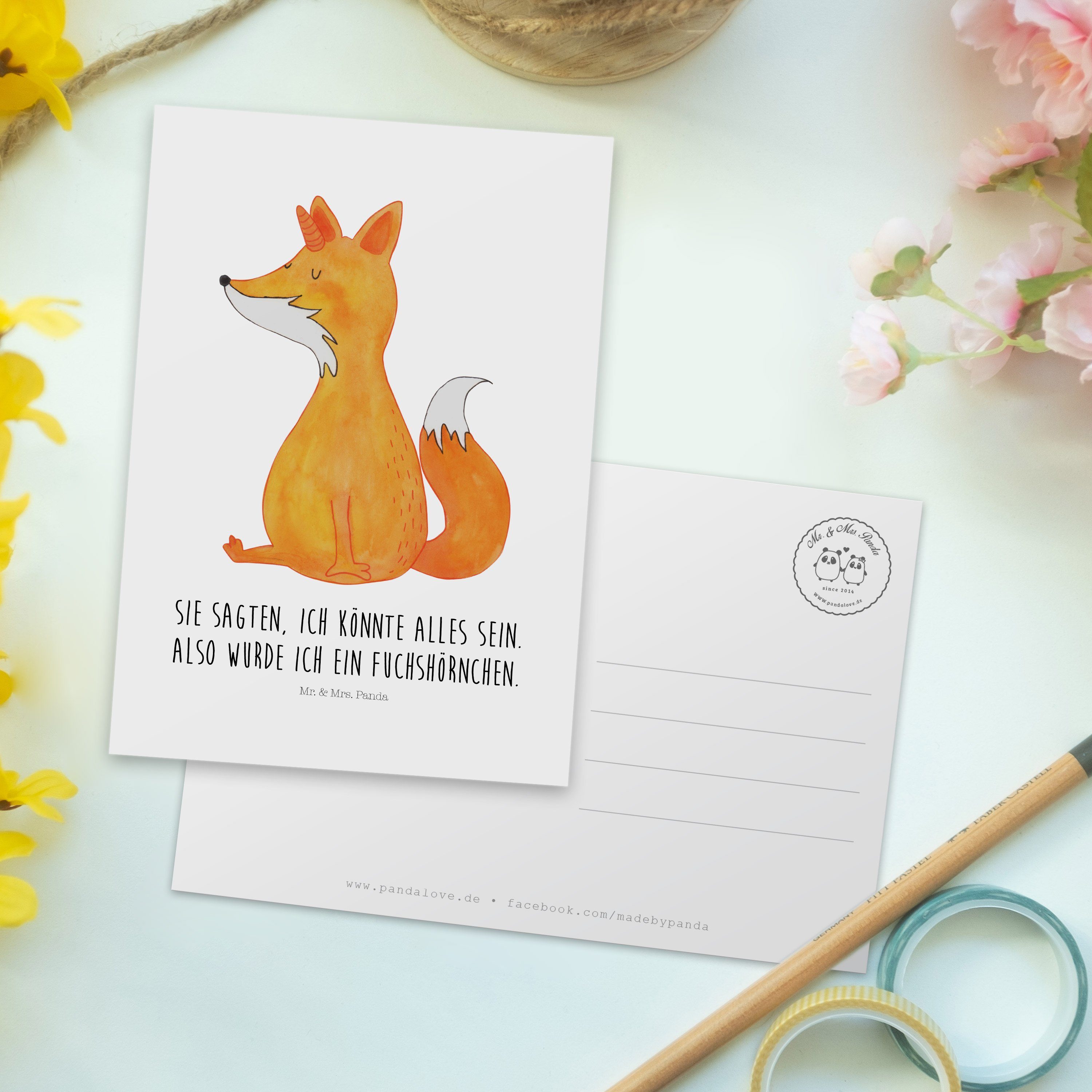 Mr. & Mrs. Panda Postkarte Fuchshörnchen Geschenk, Einhörner, Ansichtskarte, - Einhorn, G - Weiß