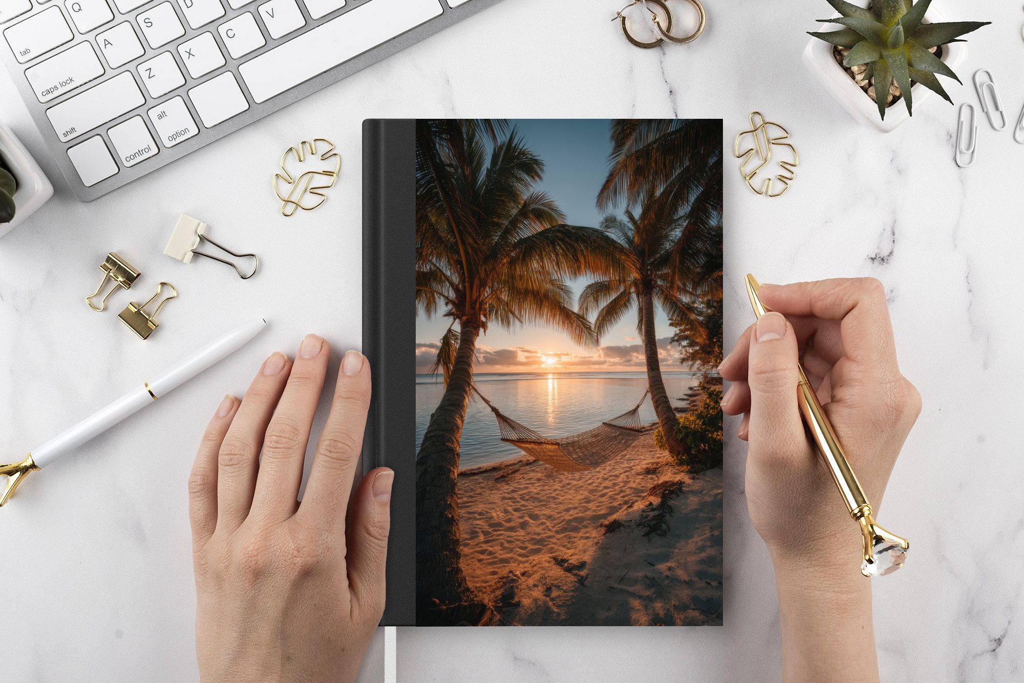 MuchoWow Notizbuch Palmen - Hängematte - Strand - Sonnenuntergang, Notebook, Notizblock a5, Tagebuch, Journal Liniert