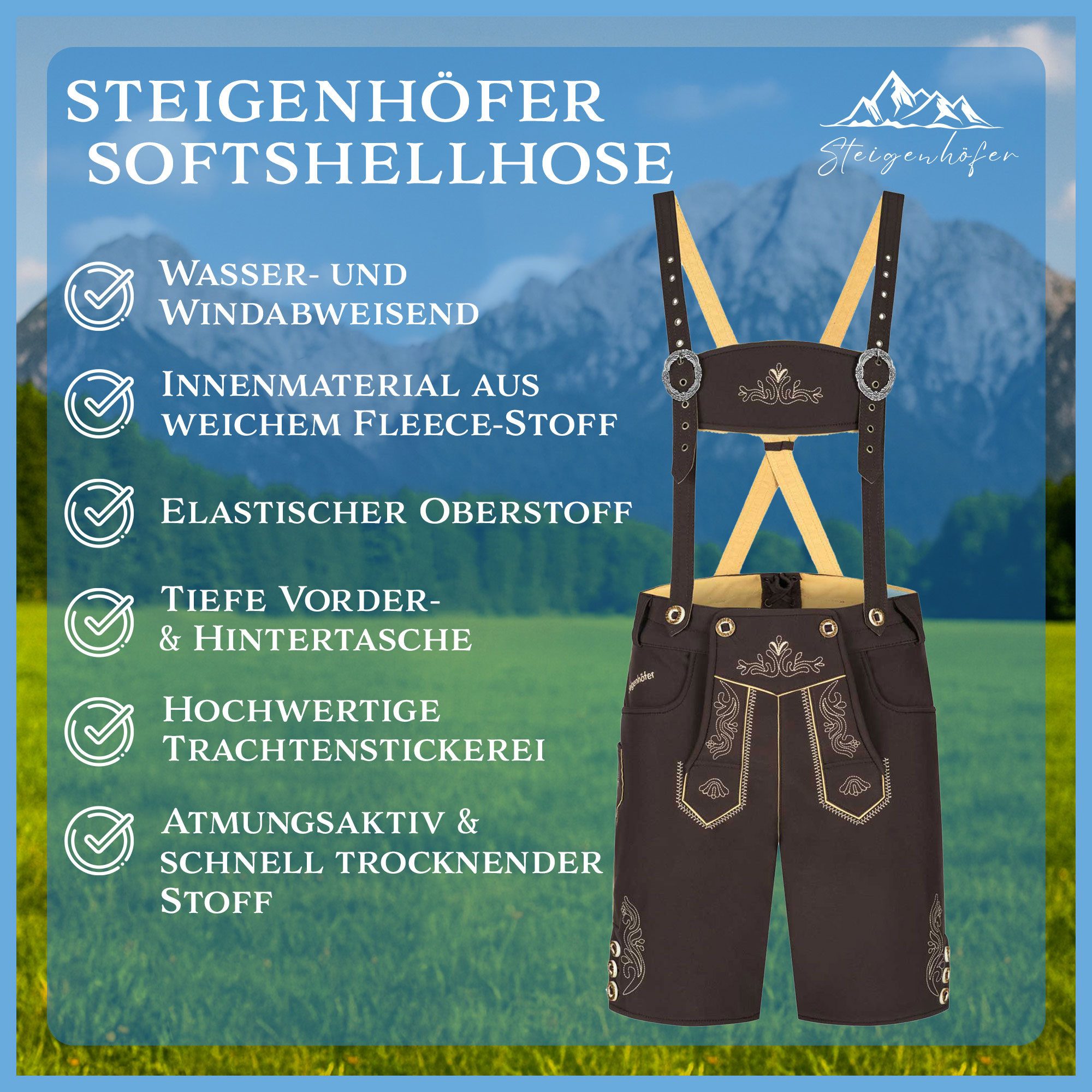 Steigenhöfer Manufaktur Trachtenhose Lukas Softshellhose mit Trägern – Lederhose Herren Stil Tracht Atmungsaktiv - Schnell trocknend - Wasser- und windabweisend
