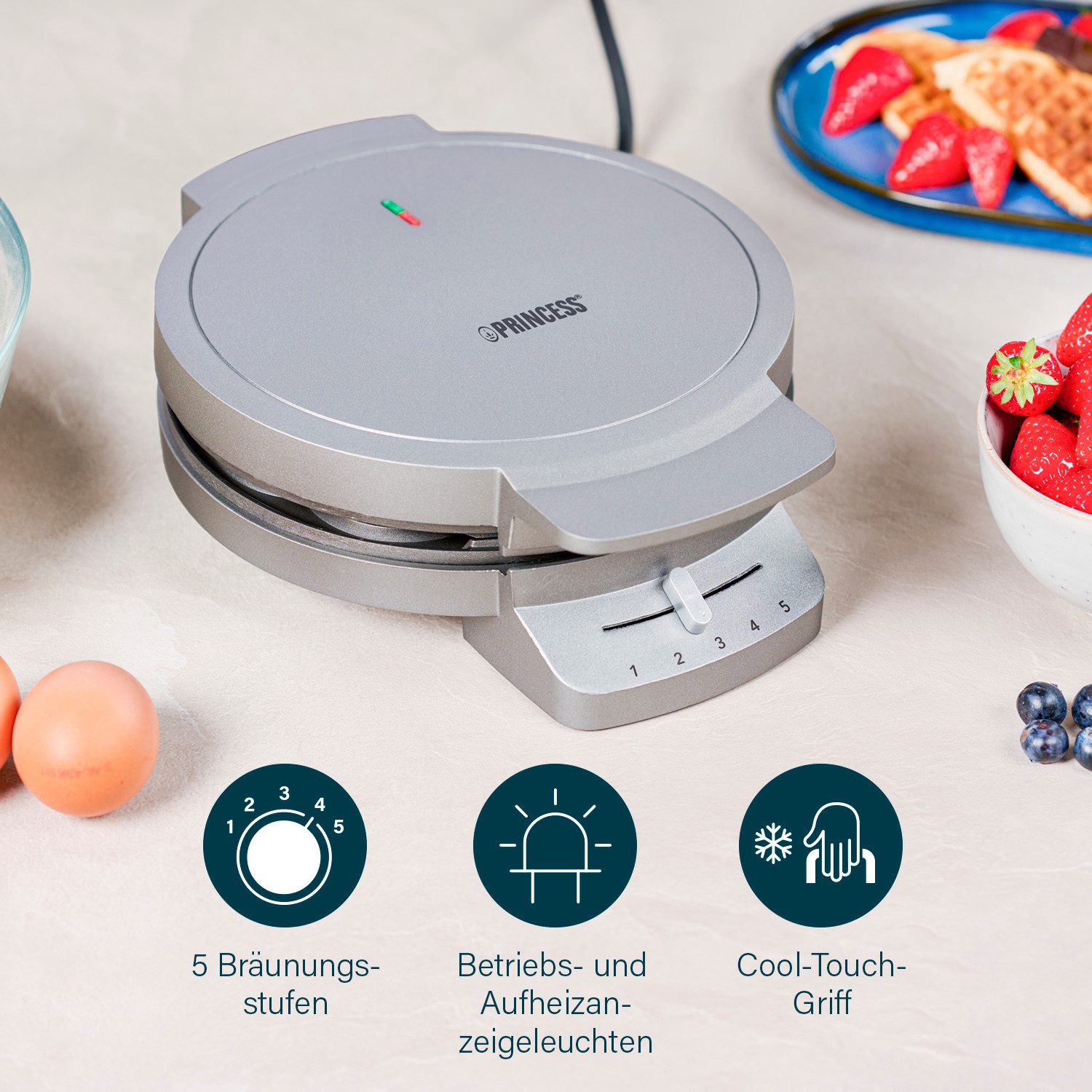 PRINCESS Waffeleisen 132380, 1200 W, mit Herzwaffelform, 5 Heizstufen, mit Kontrollleuchte