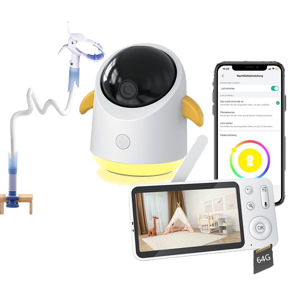 Babyphone 5" Babyphone mit Kamera WLAN Babyfon Video mit Halterung mit 64G Karte
