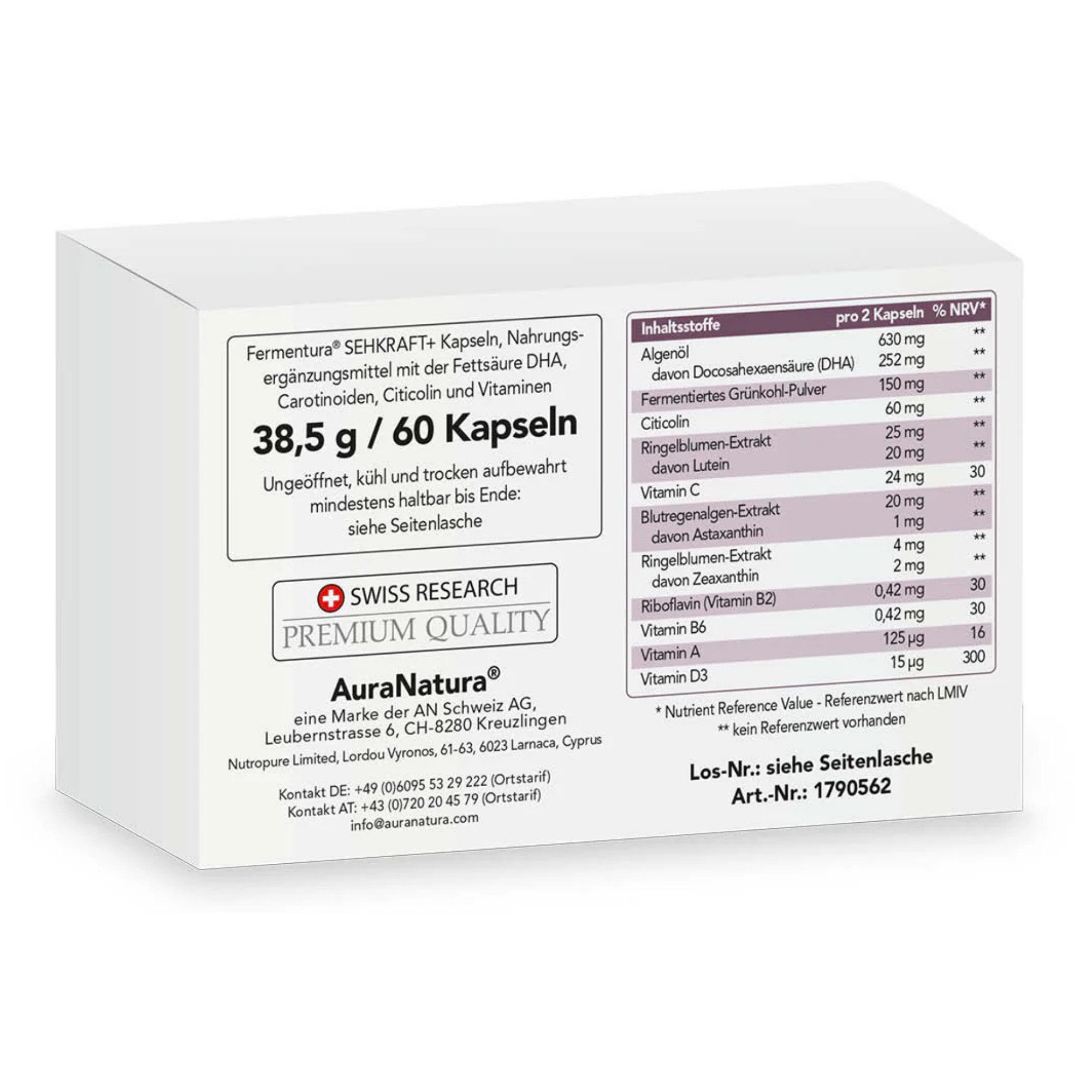 Aura Natura Fermentura® SEHKRAFT Plus - Lutein Zeaxanthin Kapseln - Augen Vitamine Kapseln, 1 er Packung à 60 St., Augenvitamine