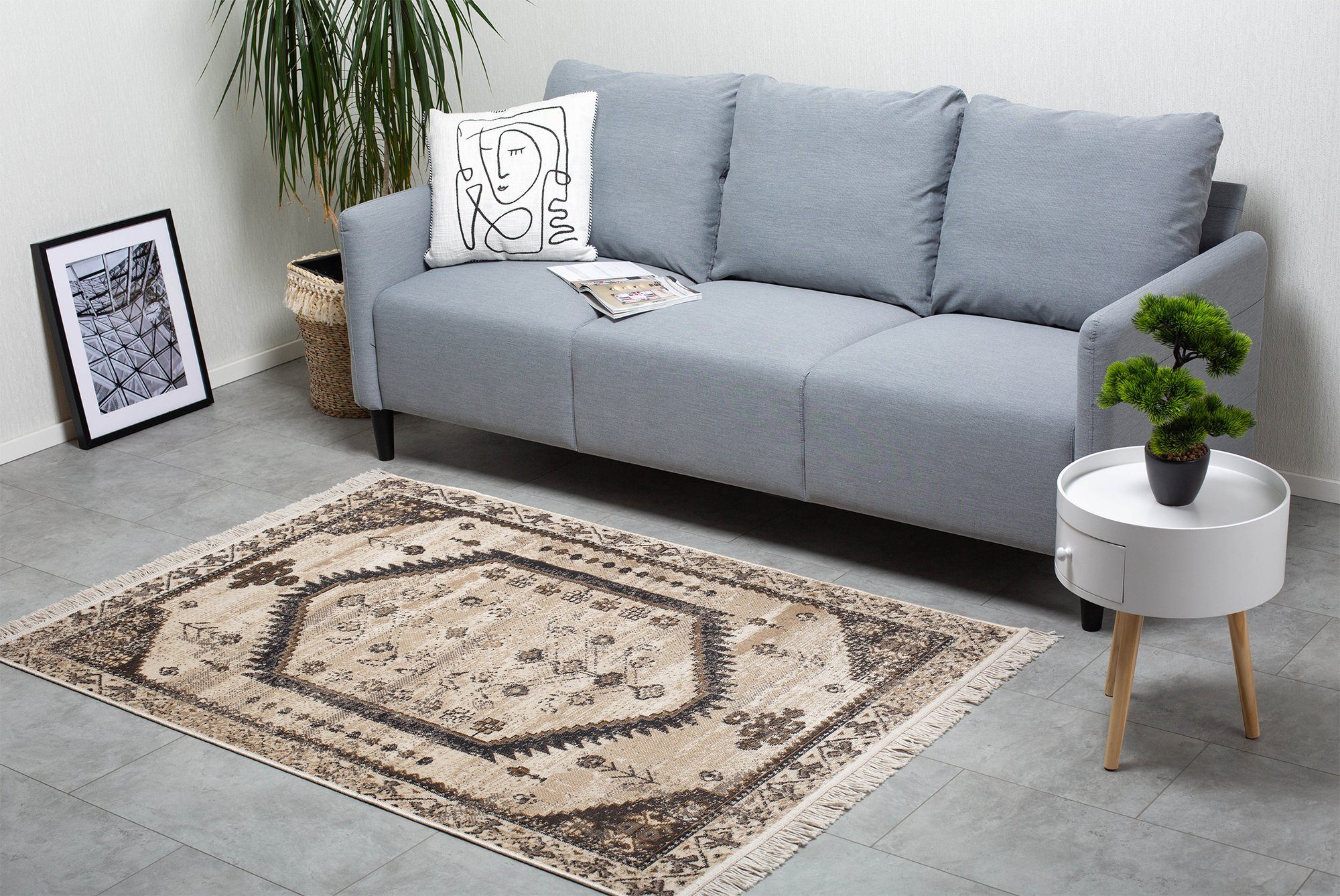 Teppich Fransenteppich LUIS im DomDeco für - Wohnzimmer/Schlafzimmer/Esszimmer, recycelte Baumwolle faltbar flexibel Kunstfaser, und Beige-Schwarz, & Ethno-Stil