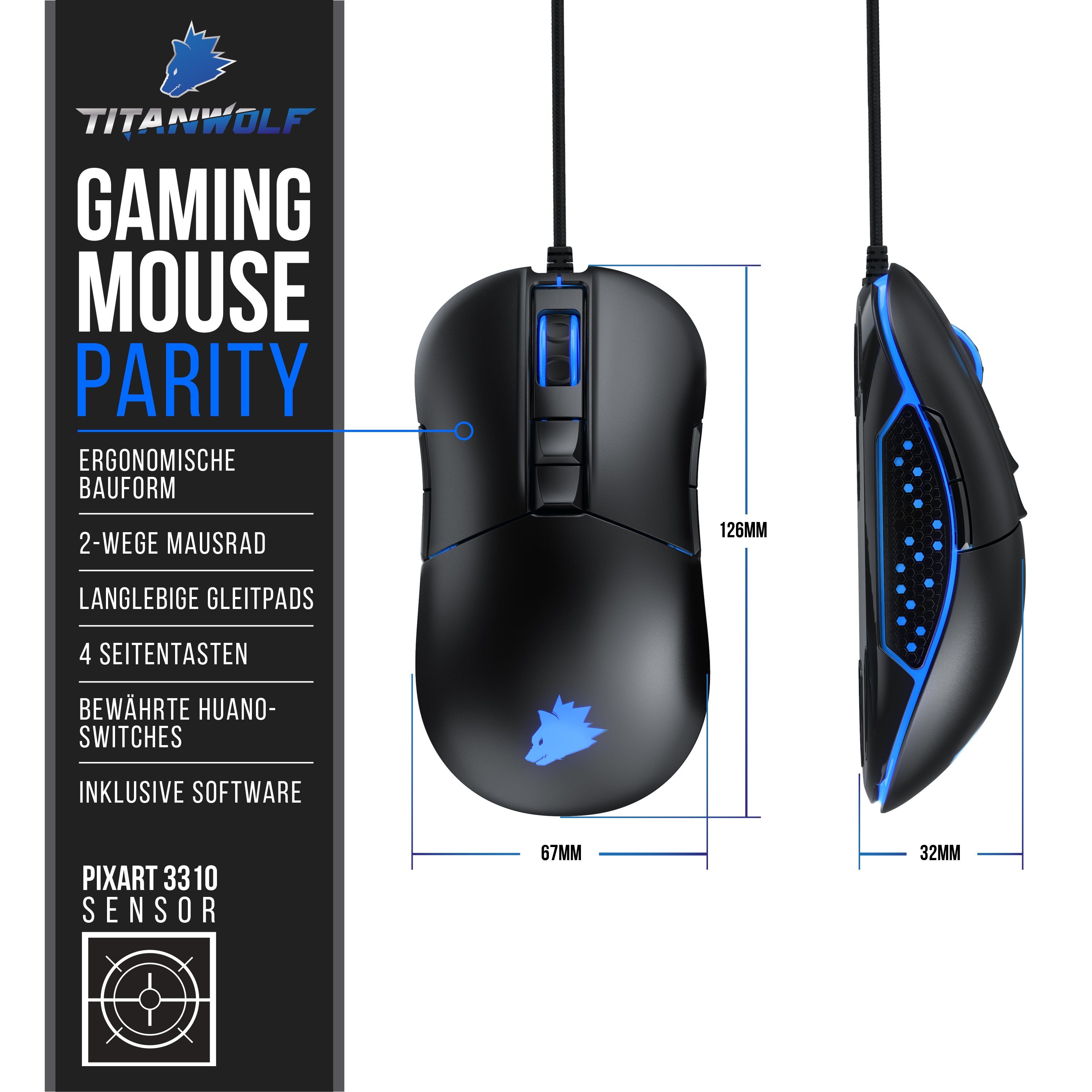 Titanwolf Gaming-Maus (Mouse für Rechts Sensor, RGB) 5000 3310 & dpi, Linkshänder, Pixart