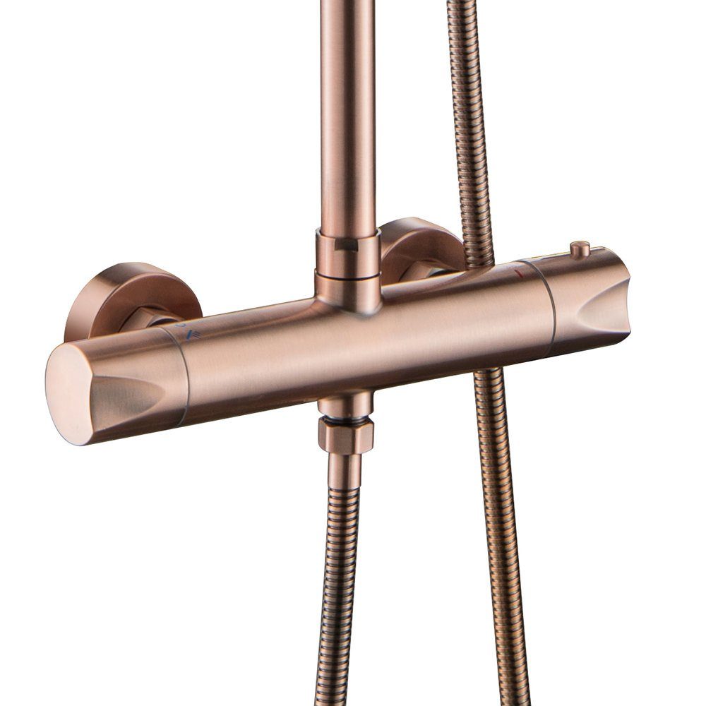 Aloni Duschsystem Kupfer gebürstet rund 120cm hoch, mit Regendusche Ø20 cm Handbrause, Höhe 120 cm, komplett_set, 1 tlg., Handbrause, Wandhalter, Brauseschlauch, Armatur, Thermostat & Duschstange, Duschgarnitur mit Anti-Kalk-Düsen