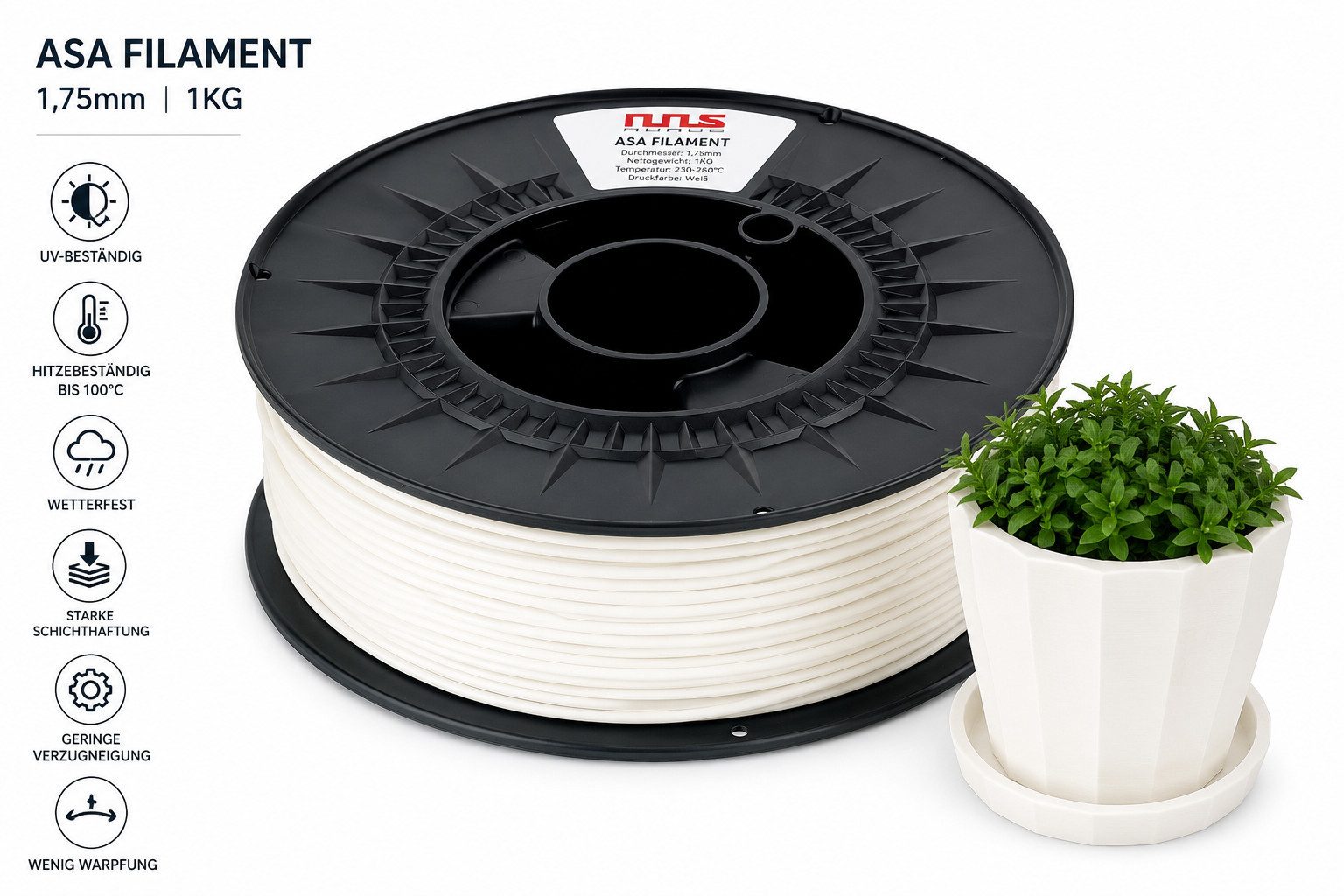 Nunus Filament ASA Filament 1,75mm 1kg Rolle Hitzbeständig und UV Beständig Filament