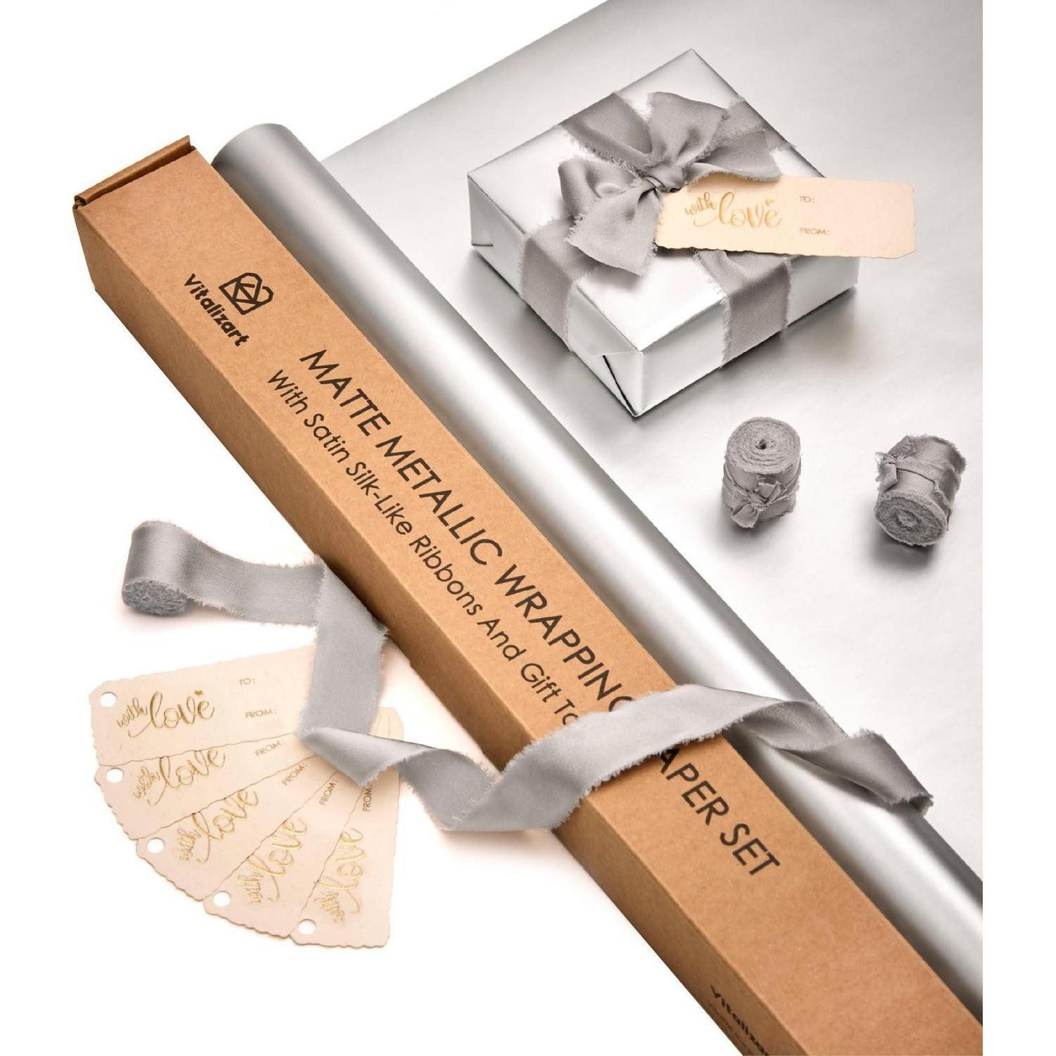 LuxusKollektion Geschenkpapier Geschenkpapier Matt Metallisch Silber 76cm x 5m inkl. Bänder, (1St)
