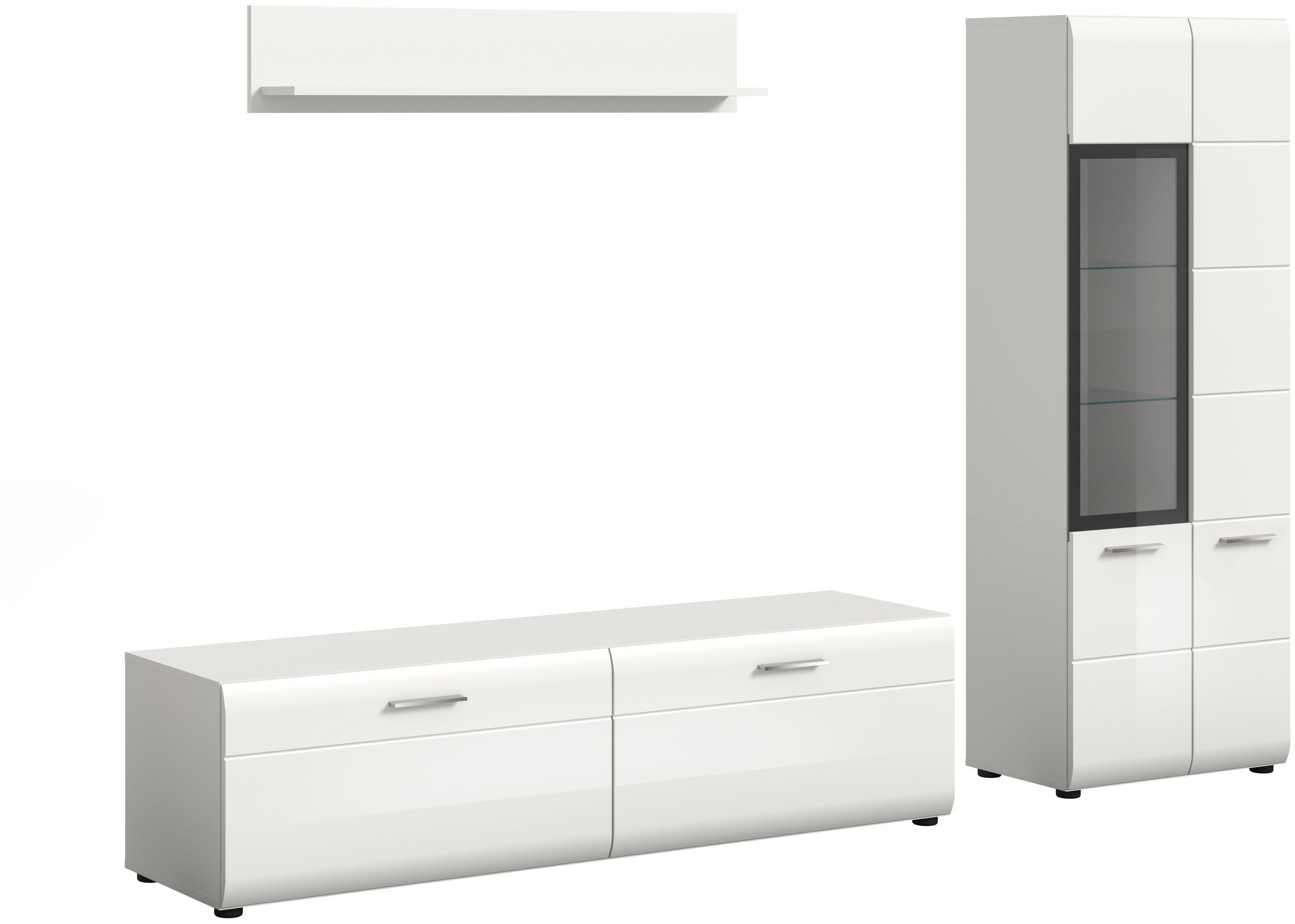 xonox.home Wohnwand, (3-tlg. Vitrine, Lowboard, Wandboard), in weiß hochglanz tiefzieh/weiß Nachbildung B/H/T : 235 x 160 x 41 cm