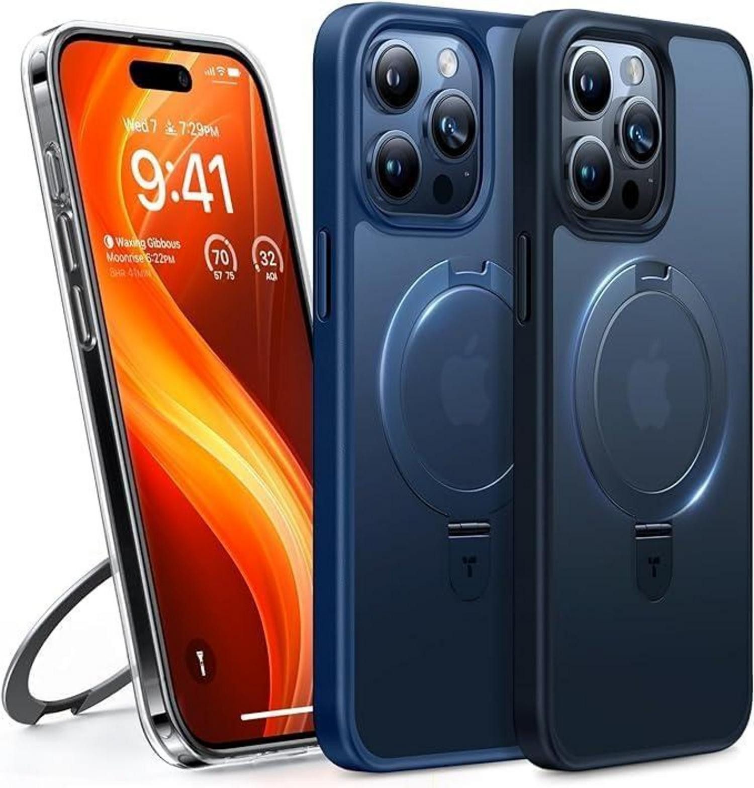 LuxusKollektion Displayschutzfolie iPhone 15 Pro Hülle MagSafe Blau Unsichtbarer Ständer Militärschutz