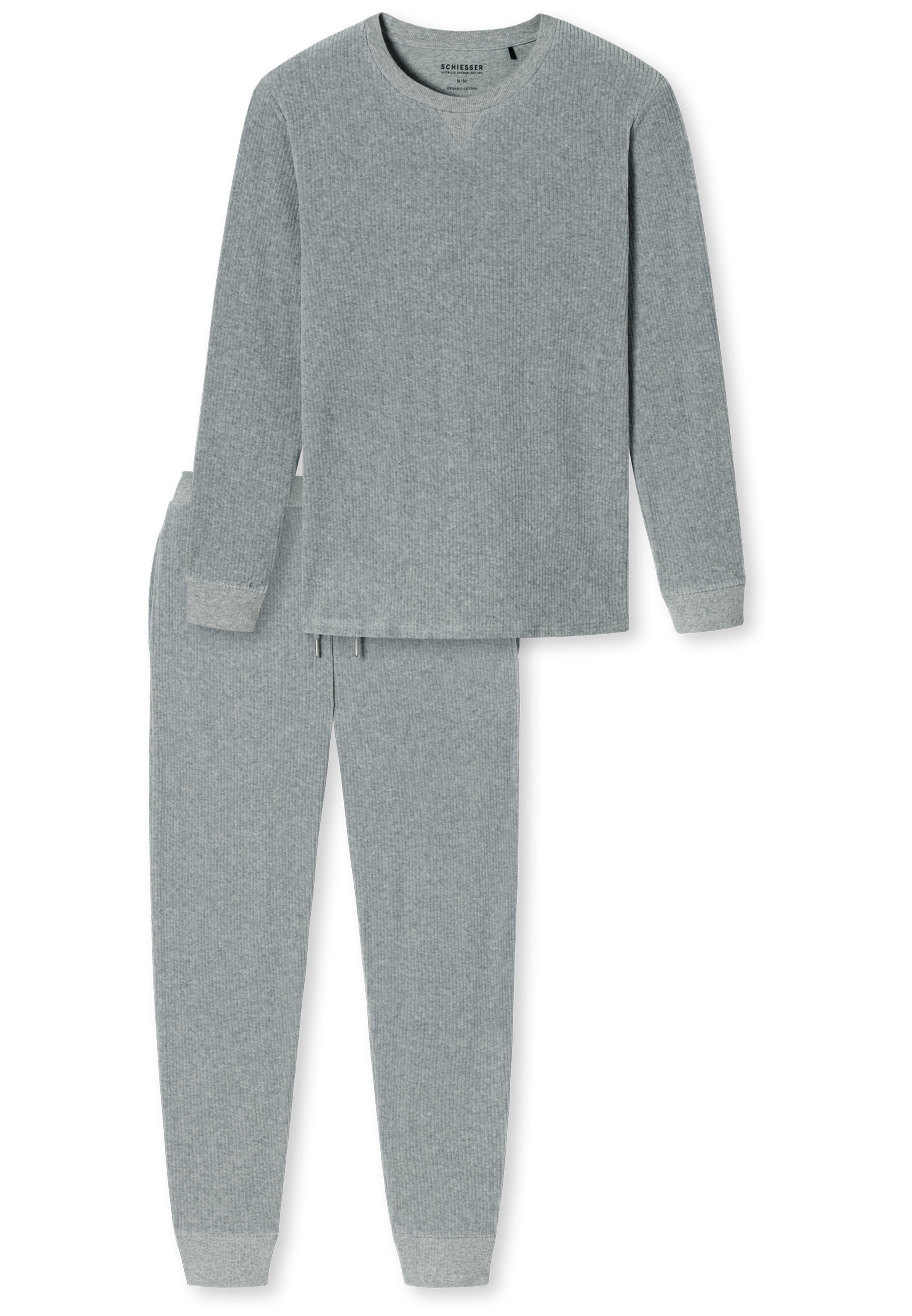 - der - Pyjama (Set, auf Schiesser 2 Velour Angenehm Melange Schlafanzug Warming Baumwolle Haut tlg) Nightwear Grau