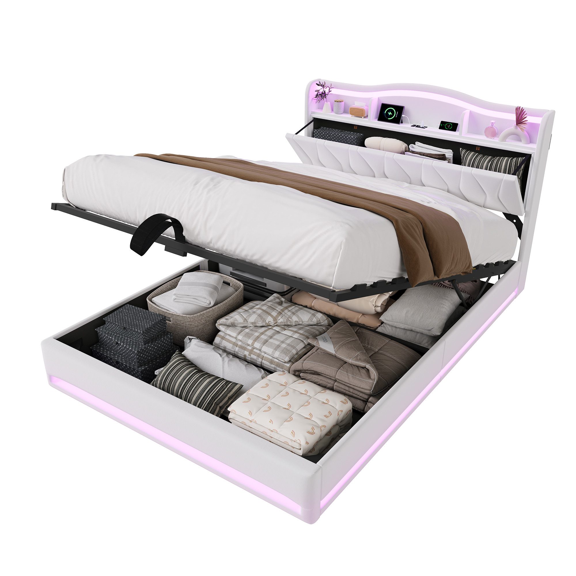 Gdood Stauraumbett Polsterbett LED Doppelbett (Inkl. Komforthöhe Lattenrost, Leises Design Bett), Mit Bettkasten, RGB Beleuchtung, Ladefunktion – Bild 4 von 5