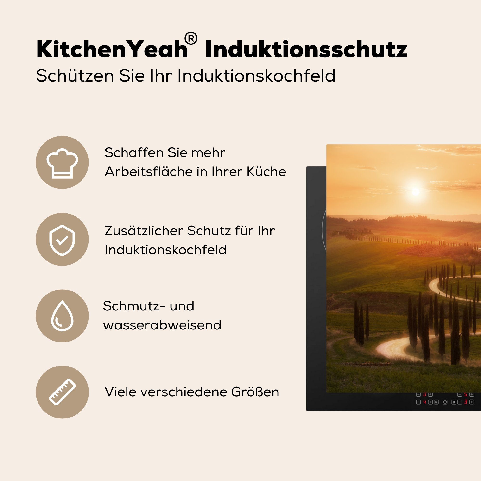 Vinyl, 81x52 Ceranfeldabdeckung tlg), - die Sonne (1 Schutz cm, Induktionskochfeld küche, Herdblende-/Abdeckplatte Toskana - für MuchoWow Baum,