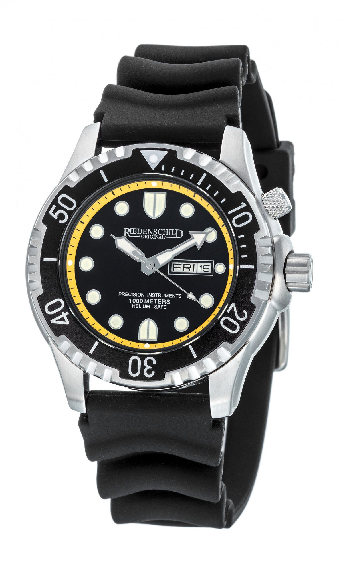 Riedenschild Taucheruhr RS8000-01, 100 ATM Wasserdicht, 46 mm Edelstahlgehäuse, (2 Armbänder (Silikon und Edelstahl) im Lieferumfang enthalten), Silikon- und Edelstahlarmband, Heliumventil, Profi-Taucheruhr