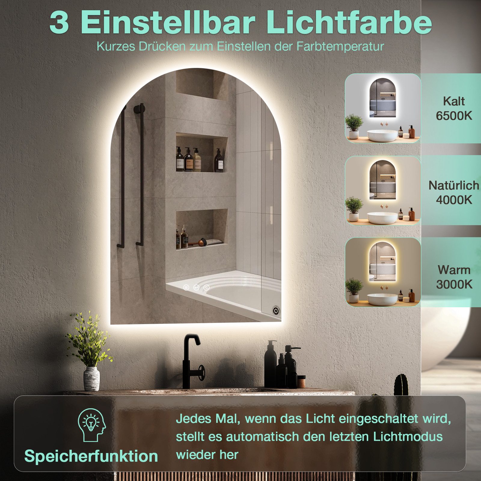 GIMBELEN Badspiegel mit Beleuchtung 50x75cm, Touch-Schalter, 3 Lichtfarben, Dimmbar (1-St), Beleuchtung, Touch-Schalter, 3 Lichtfarben – Bild 3 von 5