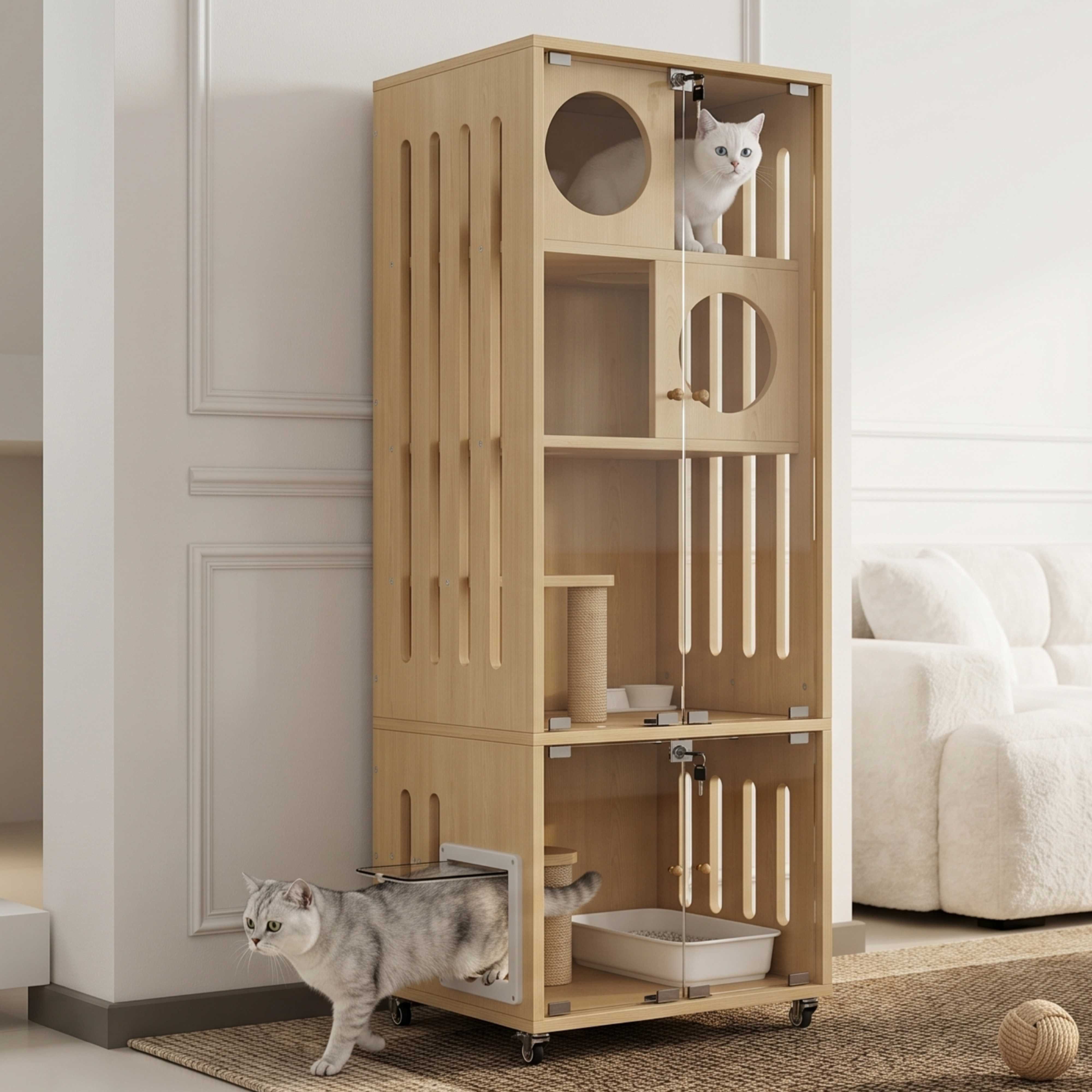 BlingBin Katzenhaus Mobiles Katzenvilla Katzengehege Innenkatzenhaus Katzenmöbel, Großer Chinchillakäfig, Glaskatzenhaus mit Rollen,Schlüssel