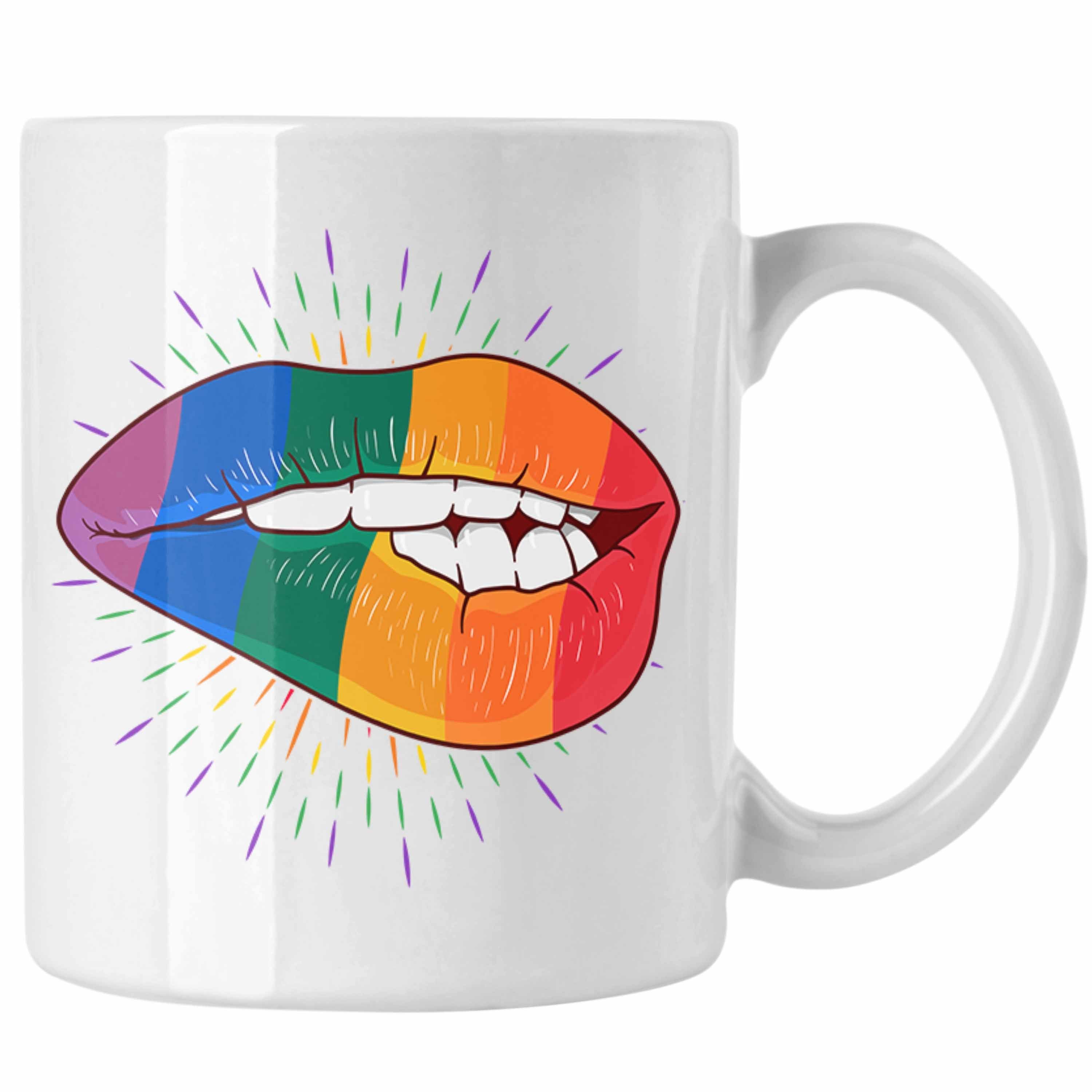 Trendation Tasse Trendation - LGBT Tasse Geschenk für Schwule Lesben Transgender Regenbogen Lustige Grafik Regenbogen Bunte Lippe Weiss | Teetassen