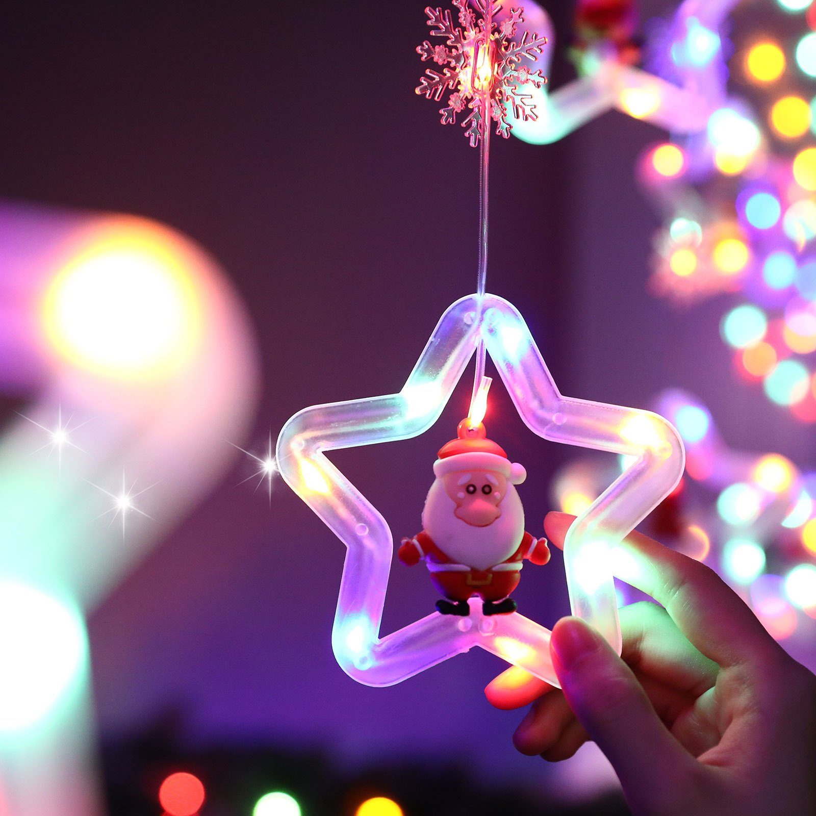 Sunicol LED-Lichterkette 3M Lichtervorhang, Fenster Weihnachtsdeko, RGB Modi, Schneeflocken mit Timer LED USB/Batterie Fernsteuerung Lichterketten 8 Sterne Xmas Party Sterne